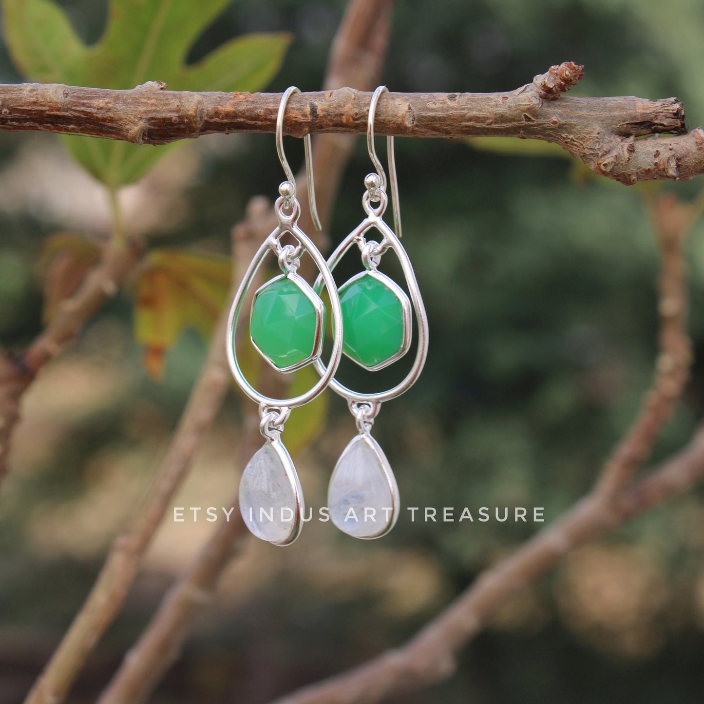 Green Jade - Moonstone Dangle Earrings