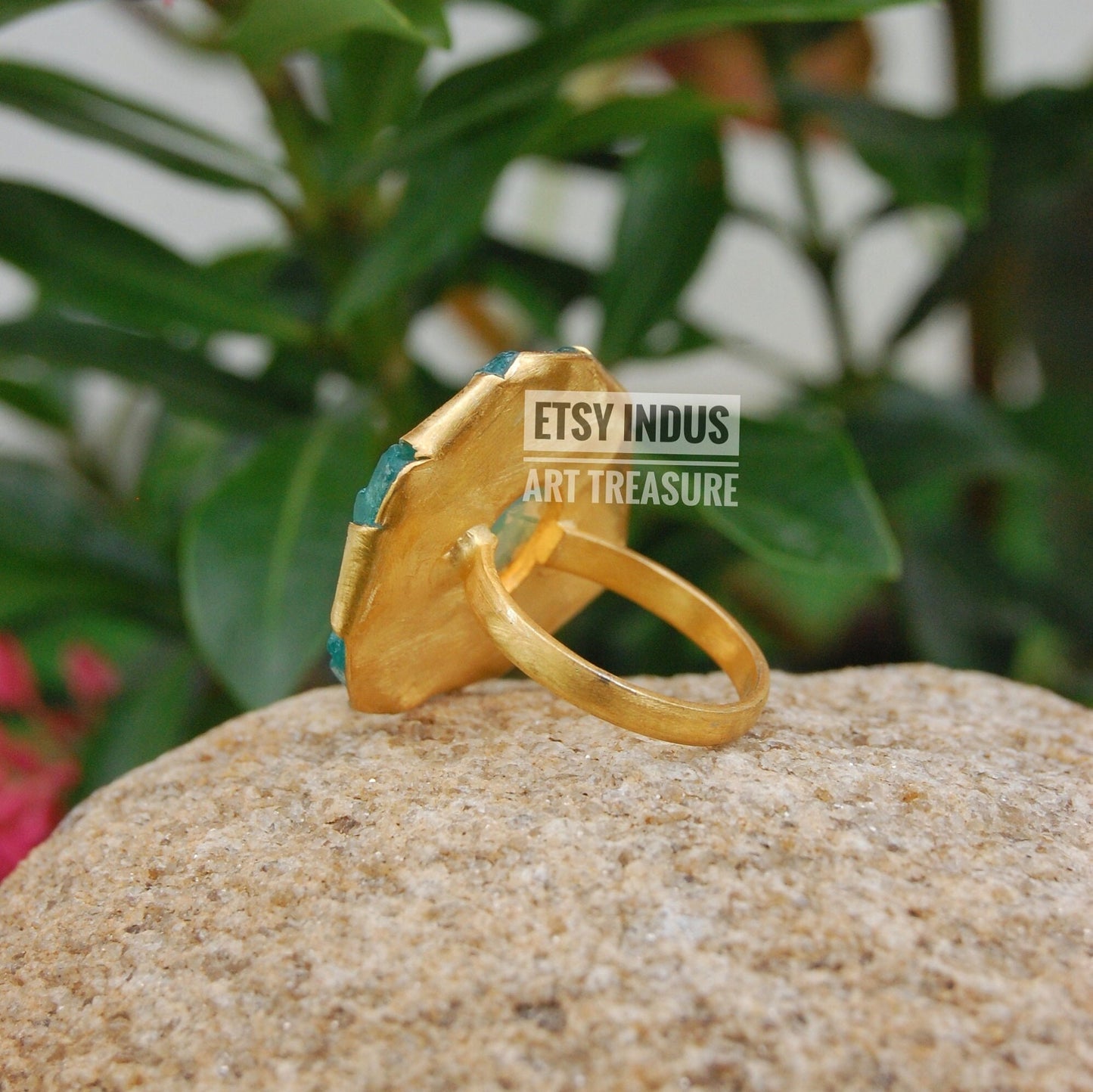 Raw Apatite- Natural Turquoise Floral Gold Plated Ring
