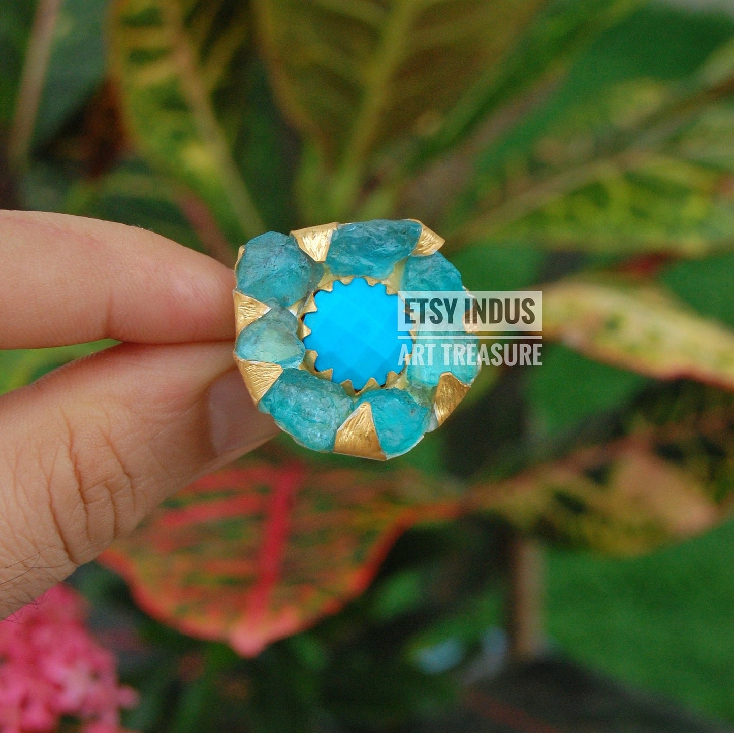 Raw Apatite- Natural Turquoise Floral Gold Plated Ring