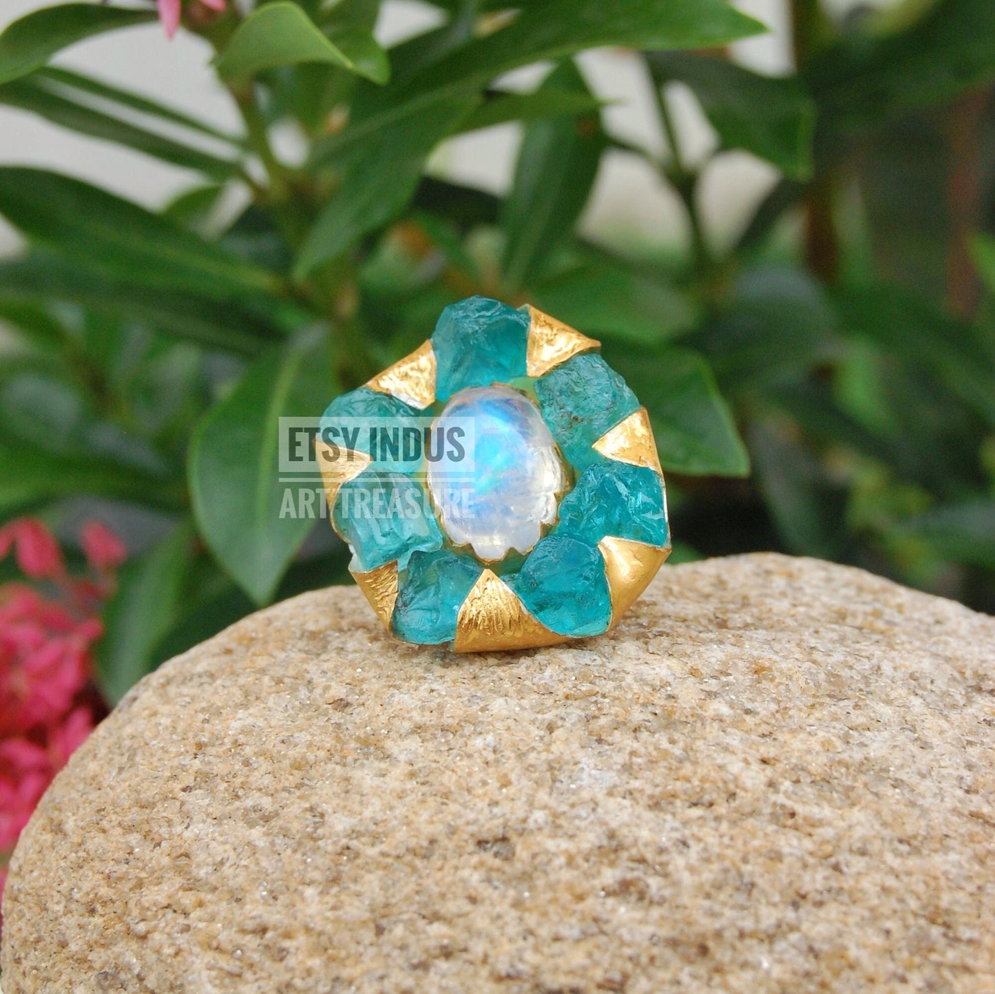 Raw Apatite- Moonstone Floral Gold Plated Ring