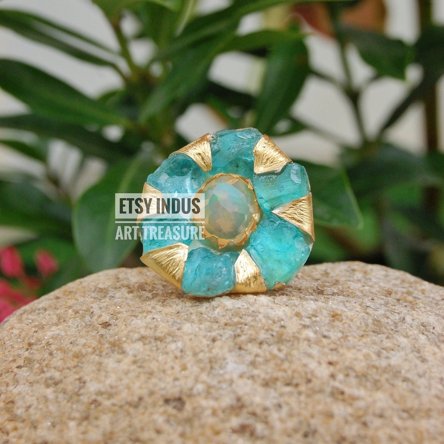 Raw Apatite- Natural Opal Floral Gold Ring