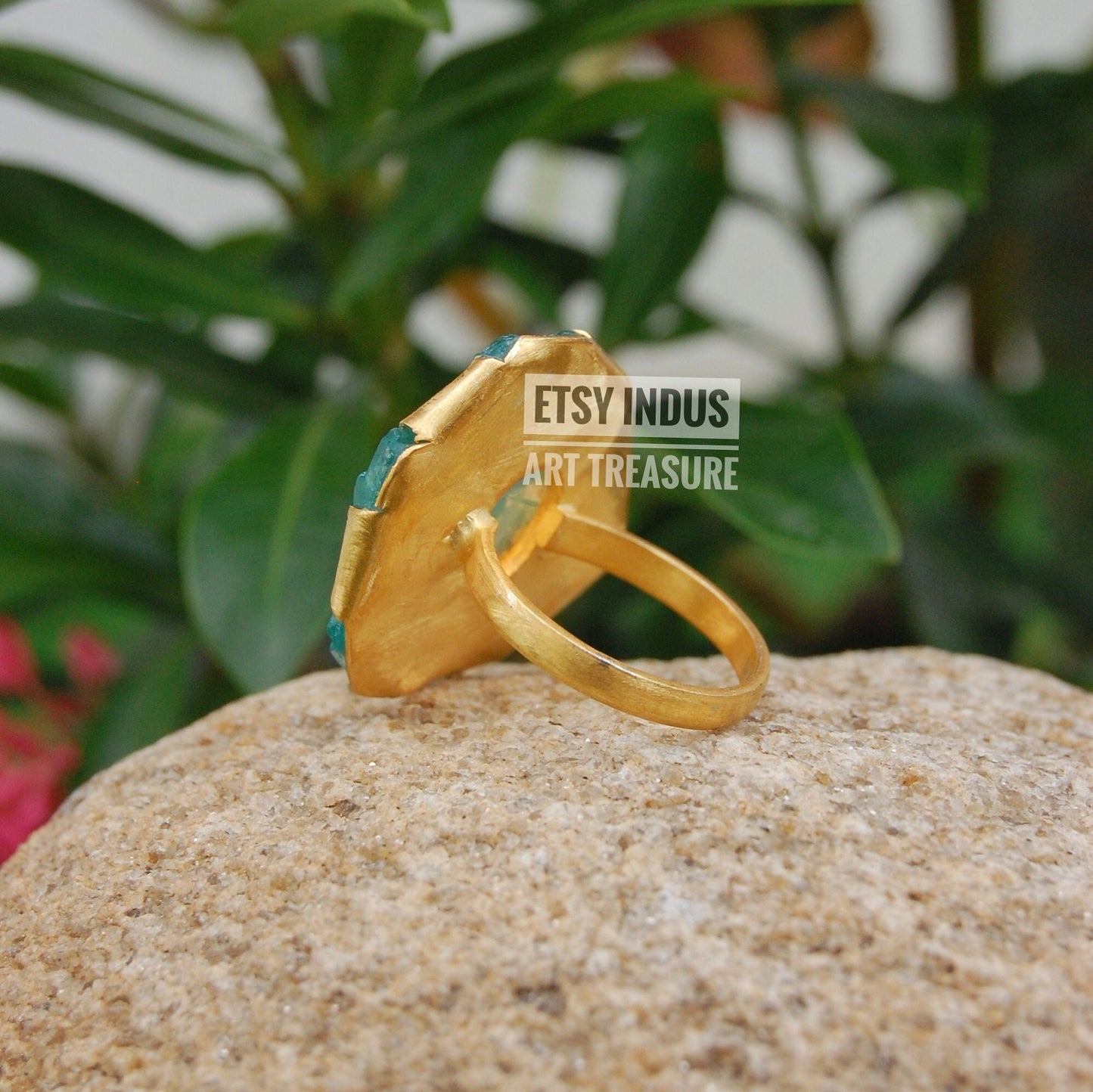 Raw Apatite- Moonstone Floral Gold Plated Ring