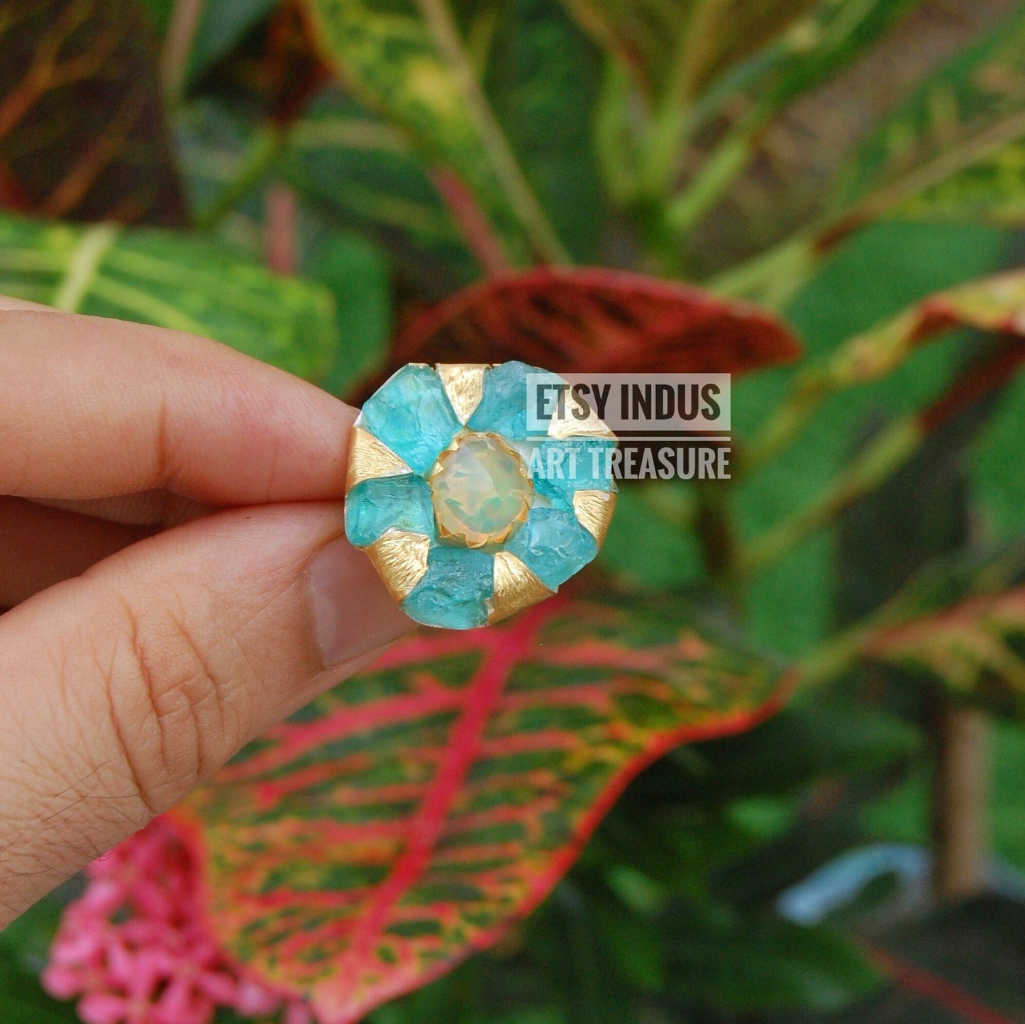 Raw Apatite- Natural Opal Floral Gold Ring