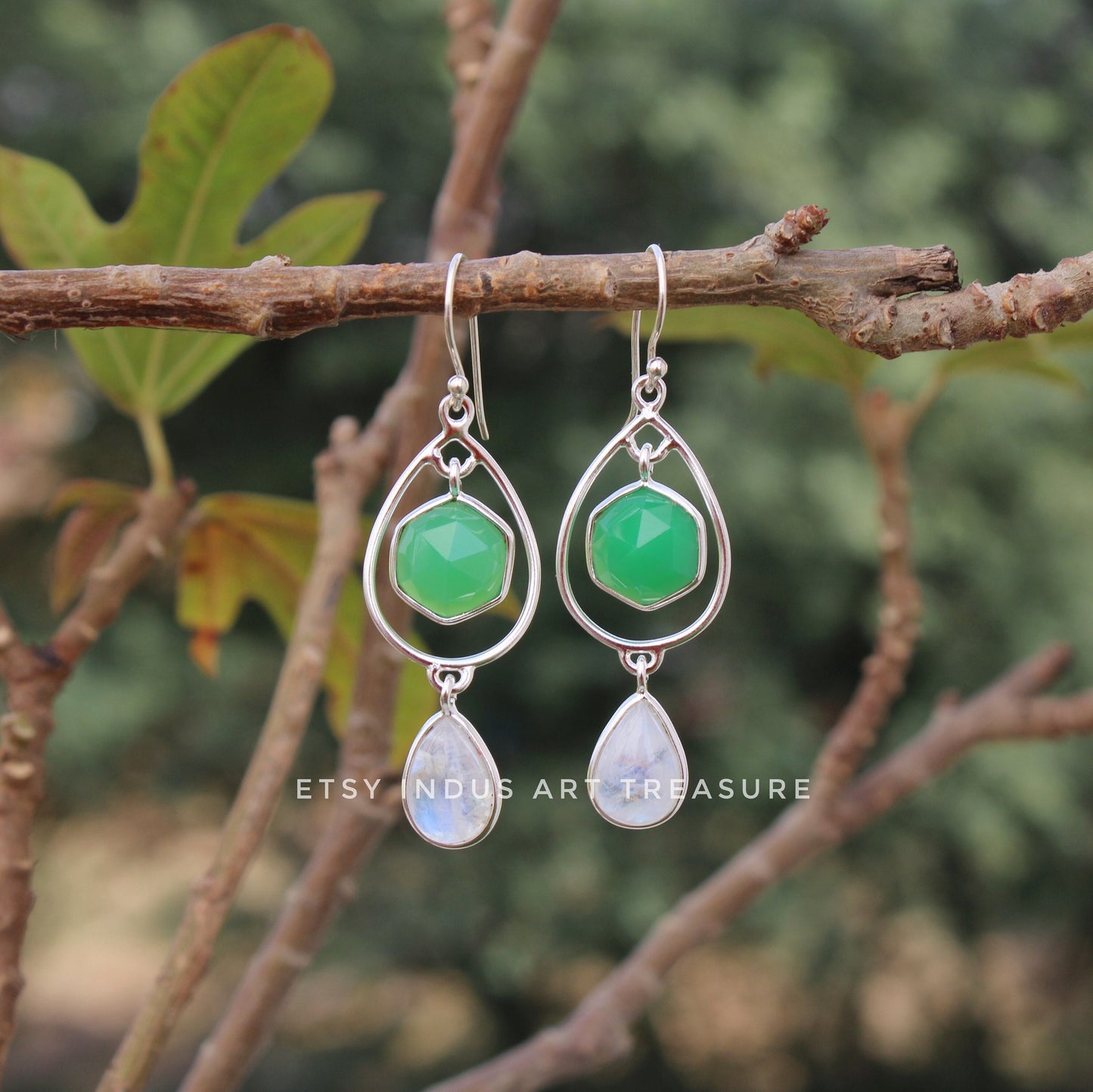 Green Jade - Moonstone Dangle Earrings