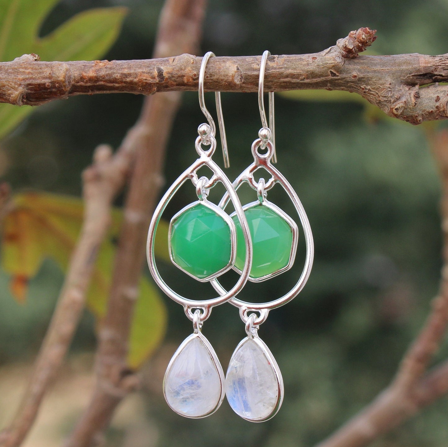 Green Jade - Moonstone Dangle Earrings