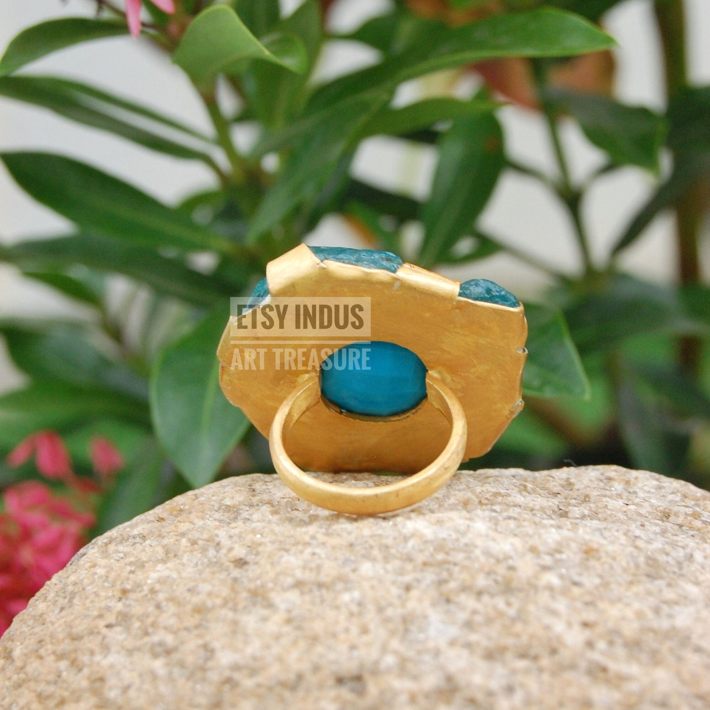 Raw Apatite- Natural Turquoise Floral Gold Plated Ring