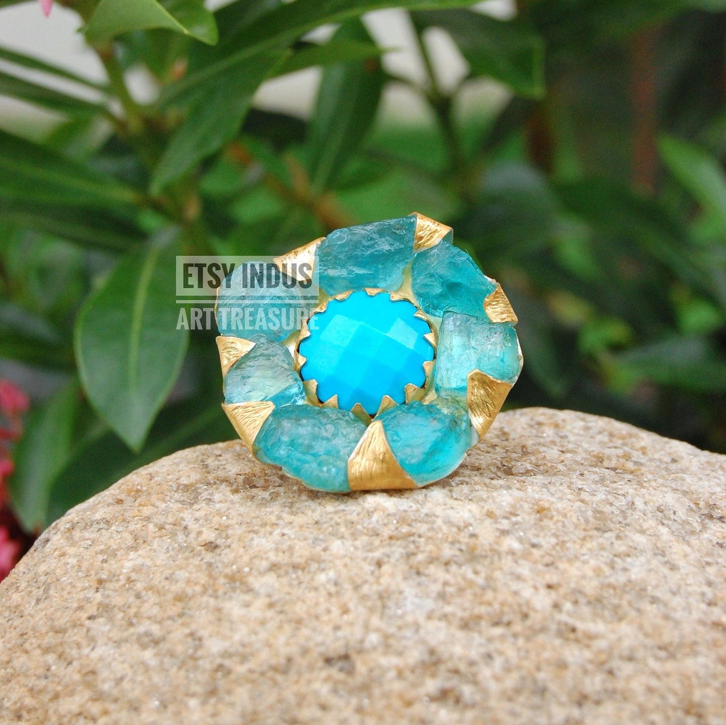 Raw Apatite- Natural Turquoise Floral Gold Plated Ring