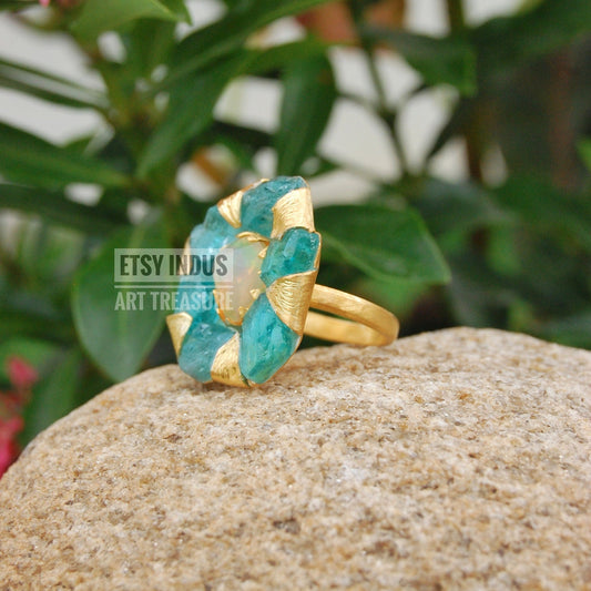Raw Apatite- Natural Opal Floral Gold Ring