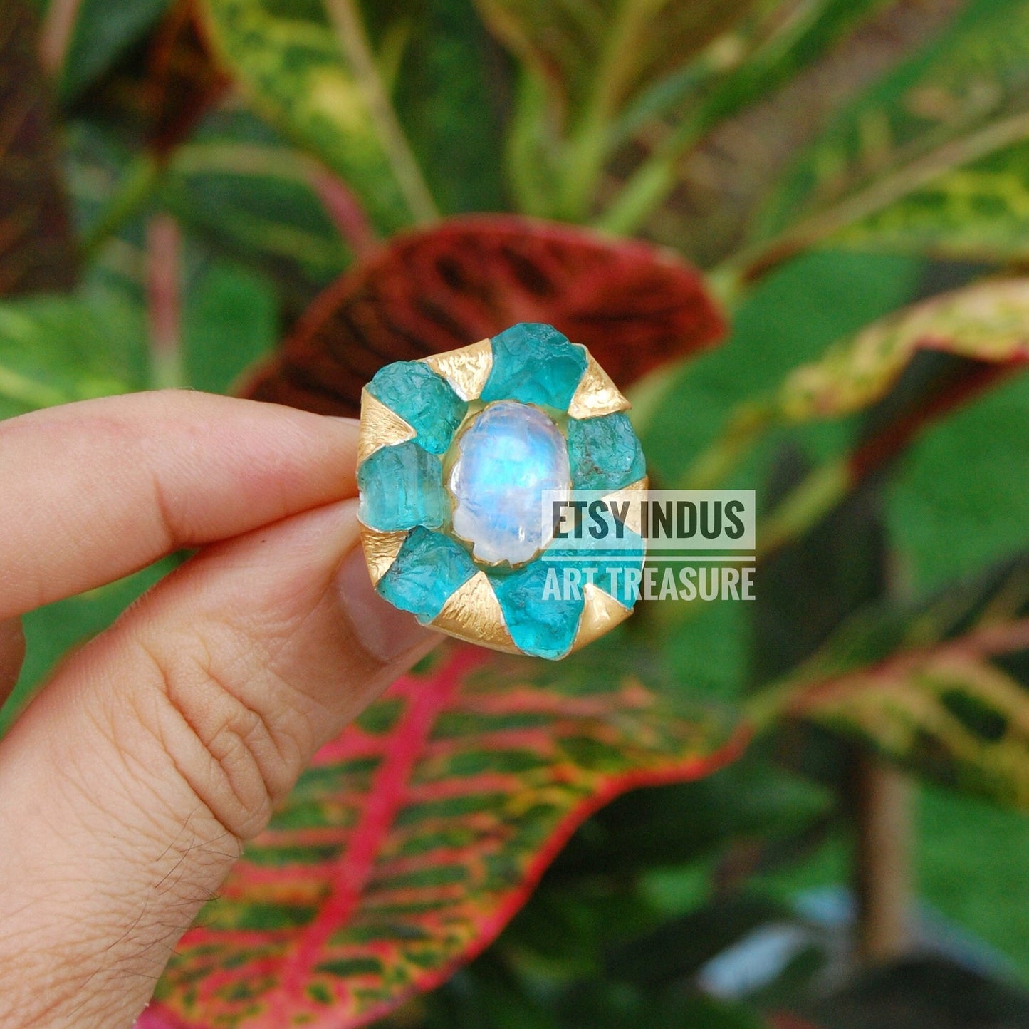Raw Apatite- Moonstone Floral Gold Plated Ring