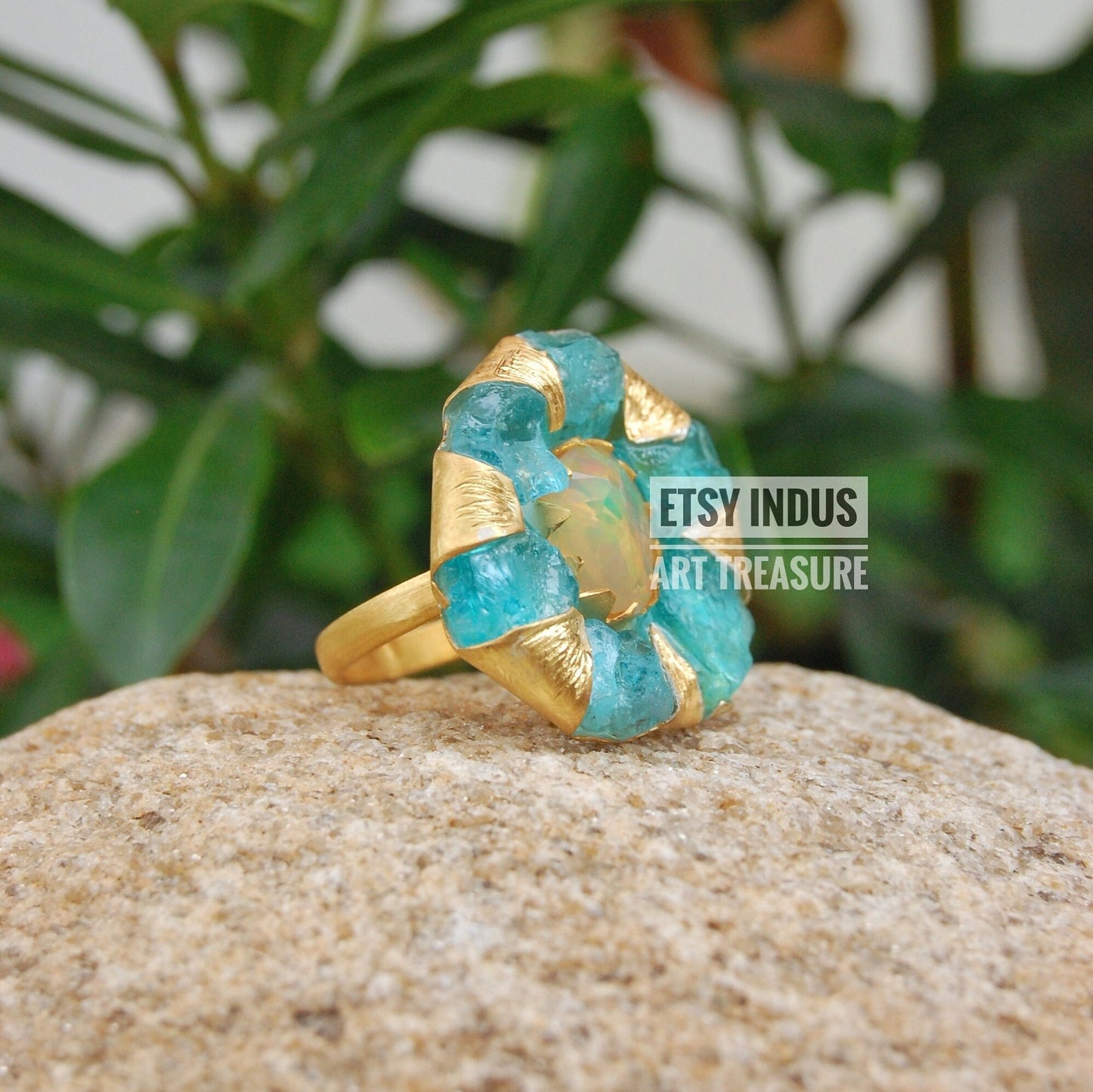 Raw Apatite- Natural Opal Floral Gold Ring