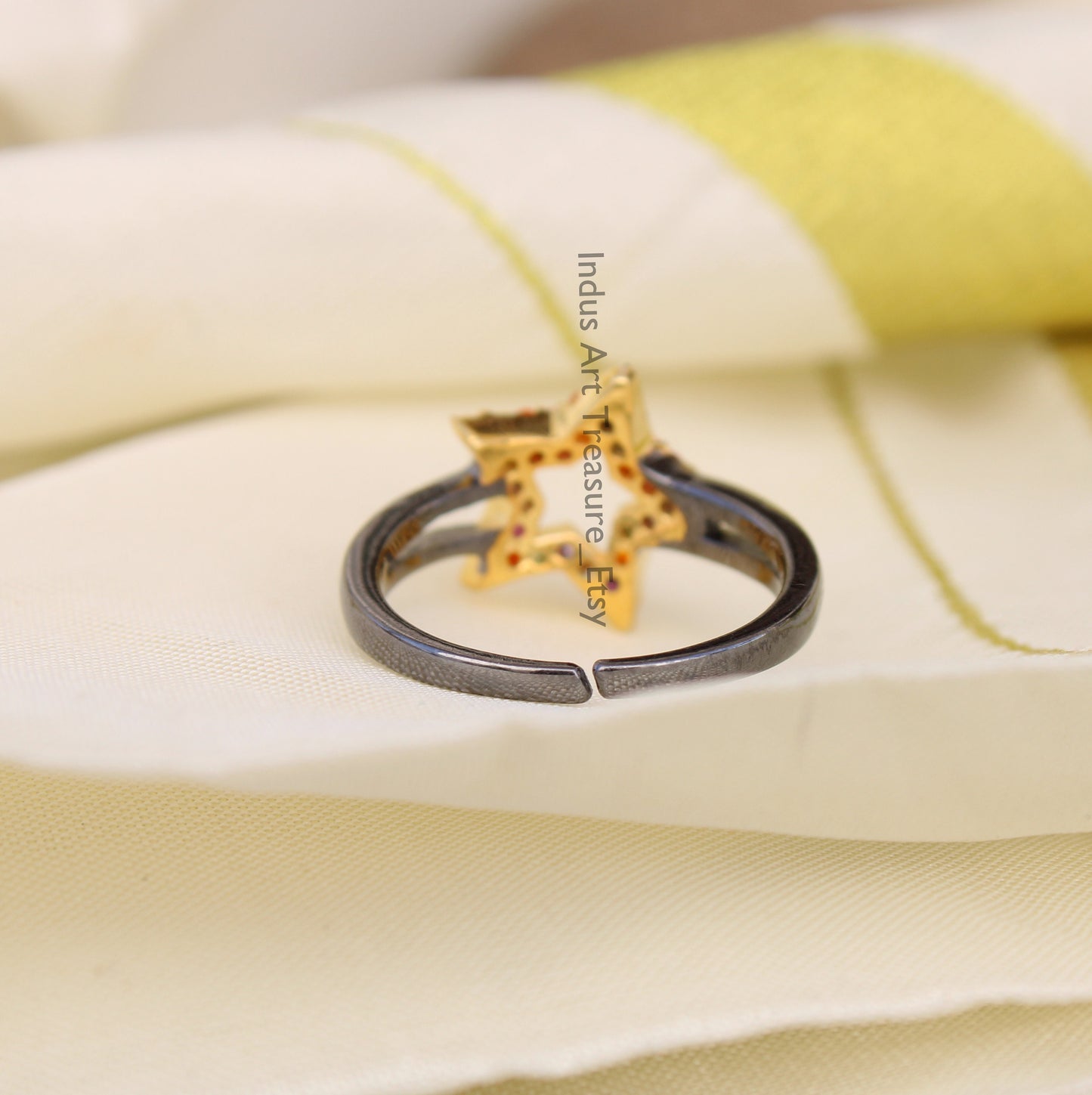 Multi Gemstone Cluster Black Rhodium Plated Star Ring