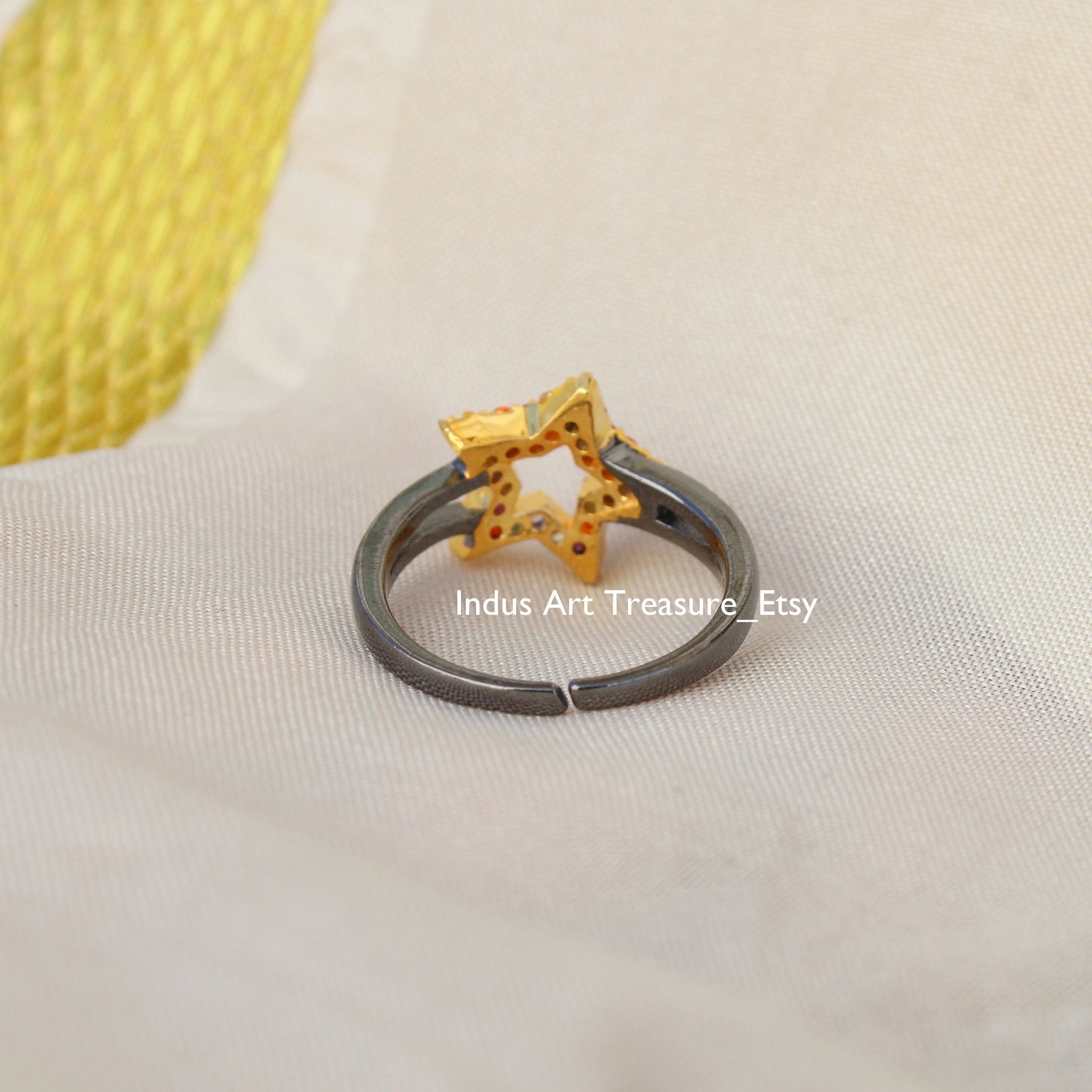 Multi Gemstone Cluster Black Rhodium Plated Star Ring