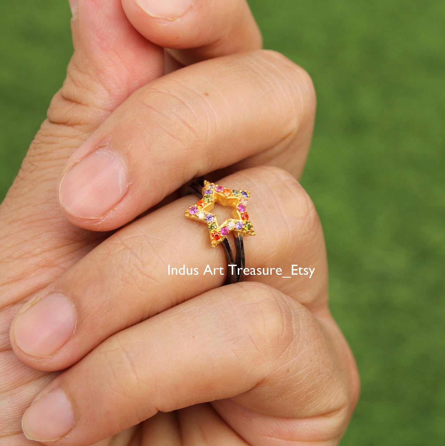 Multi Gemstone Cluster Black Rhodium Plated Star Ring