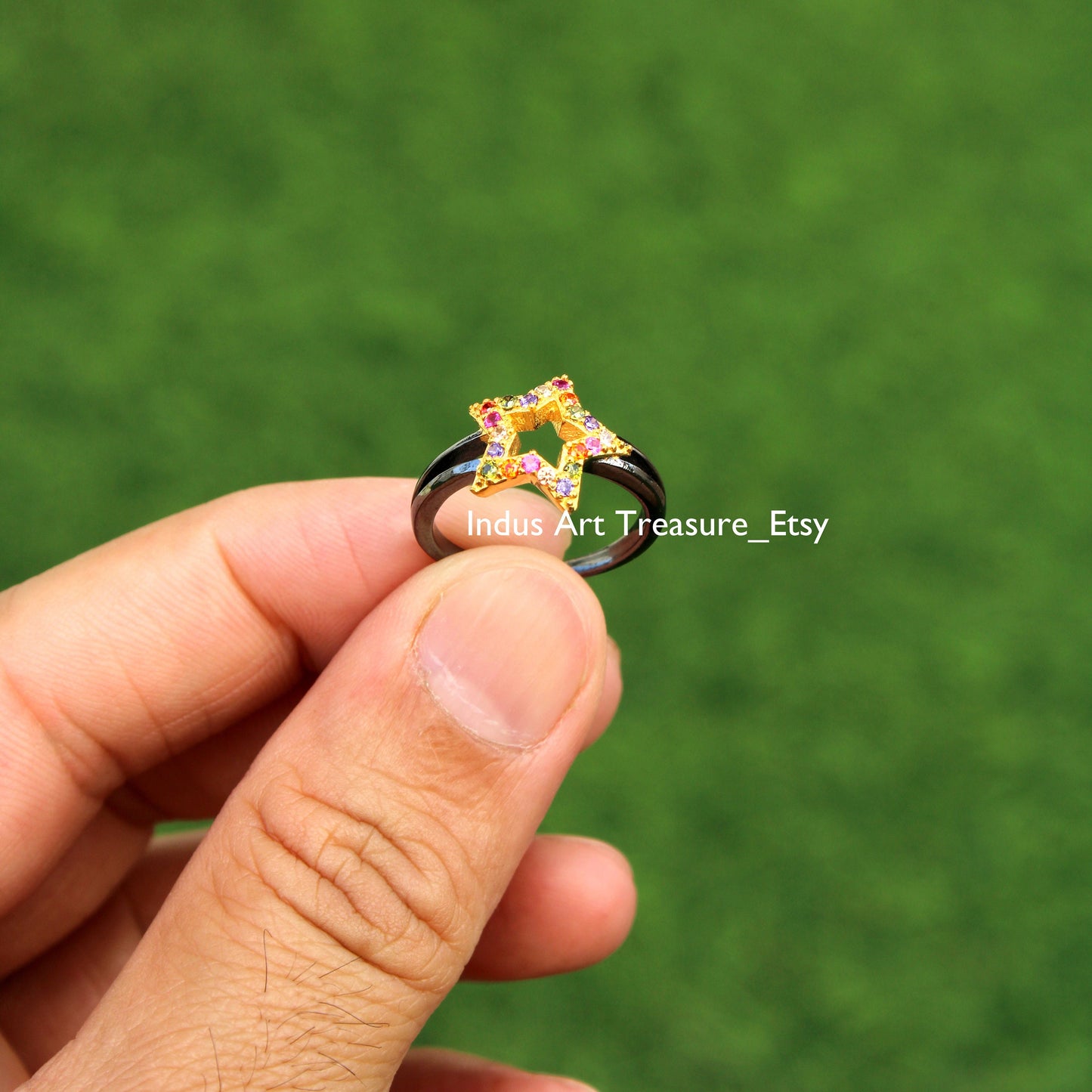 Multi Gemstone Cluster Black Rhodium Plated Star Ring
