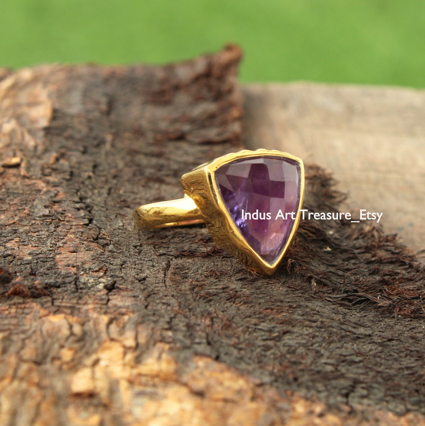 Amethyst Trillion Cut Gold Plated Ring