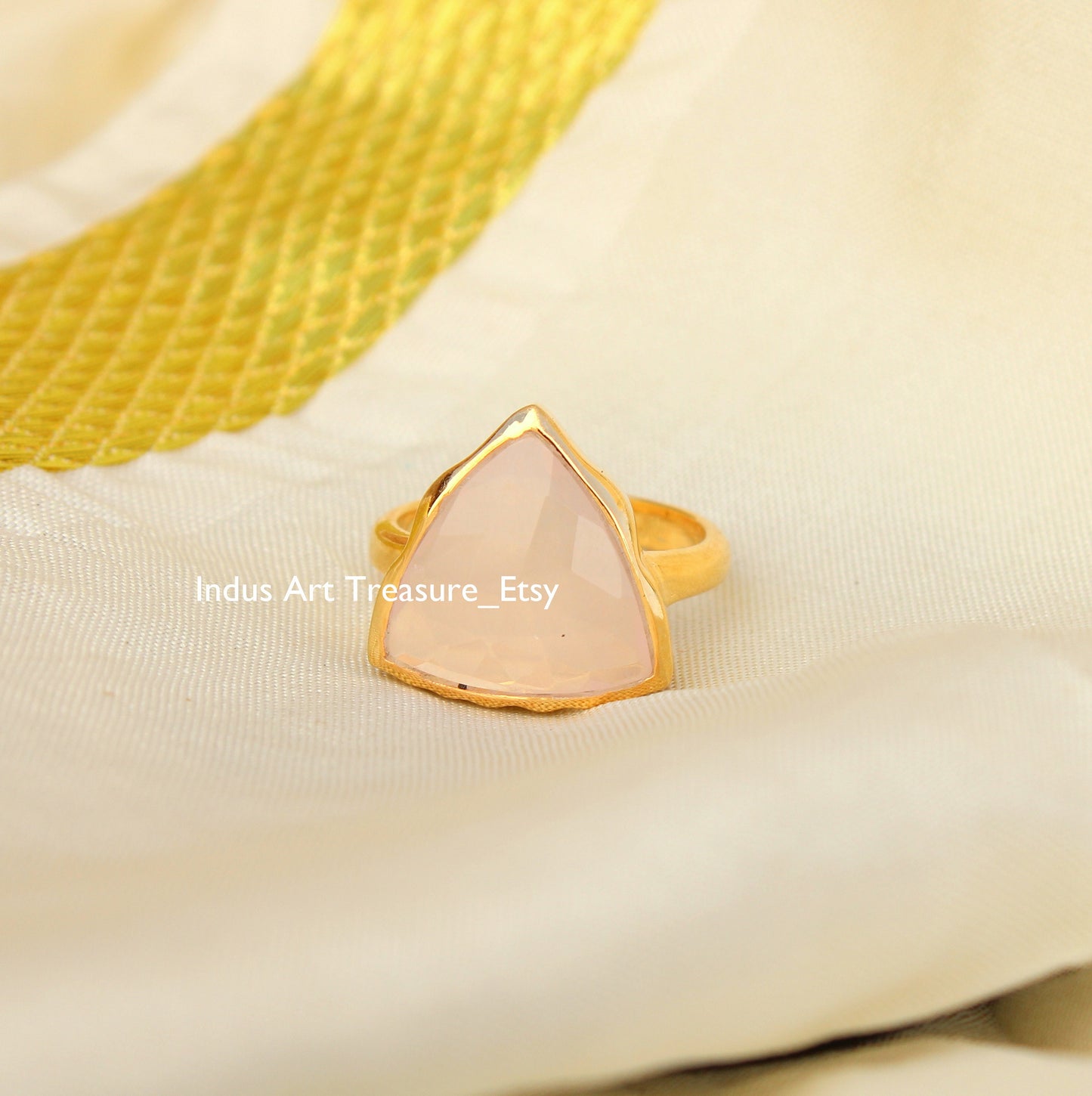 Rose Quartz Triangle Checker Cut 18k Gold Plated Ring