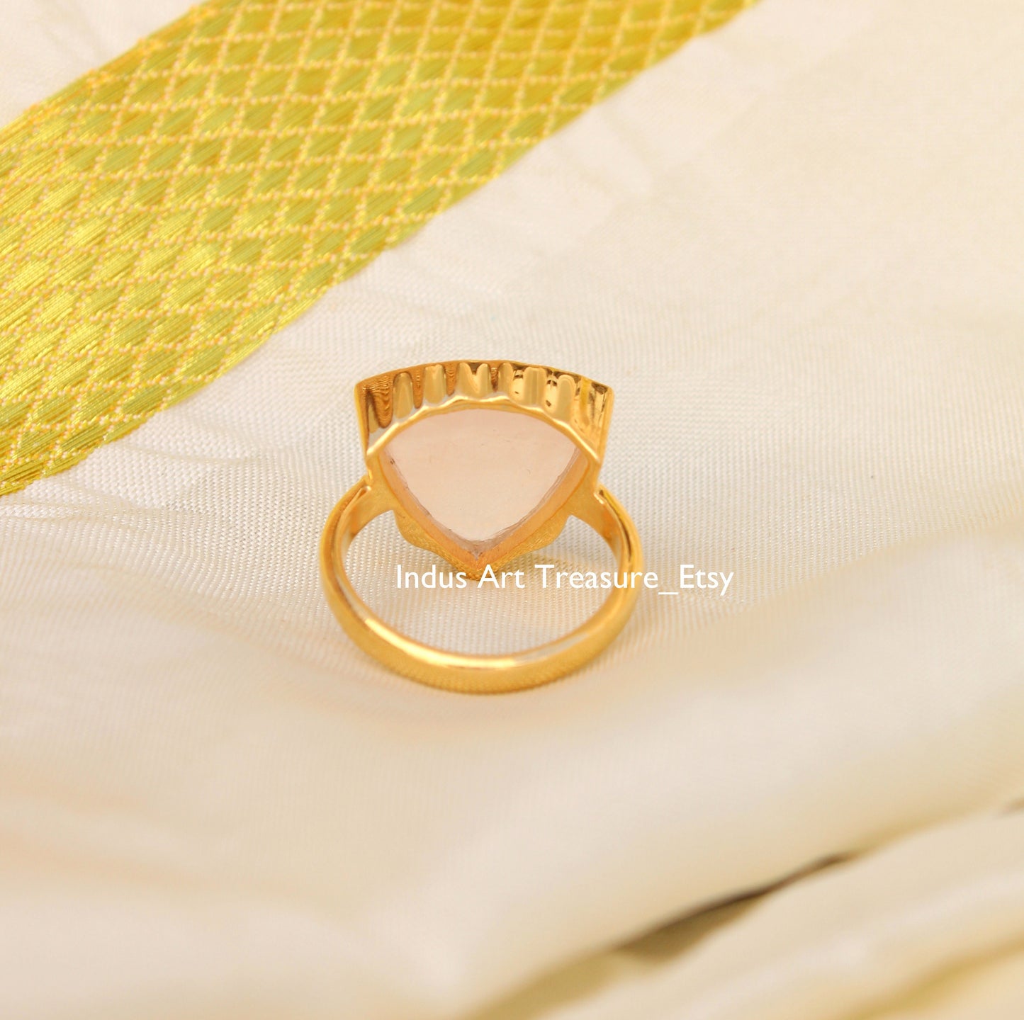 Rose Quartz Triangle Checker Cut 18k Gold Plated Ring