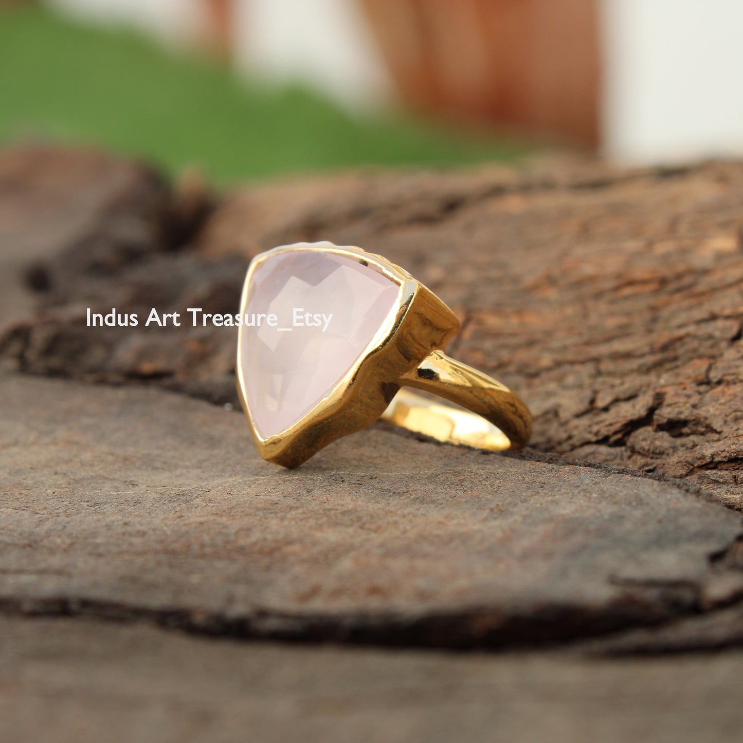 Rose Quartz Triangle Checker Cut 18k Gold Plated Ring