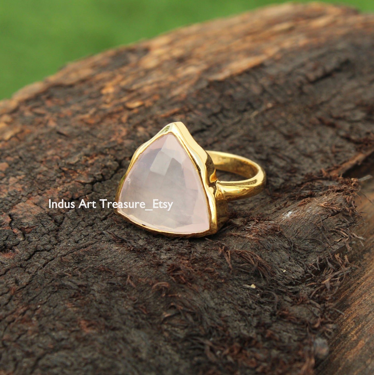 Rose Quartz Triangle Checker Cut 18k Gold Plated Ring
