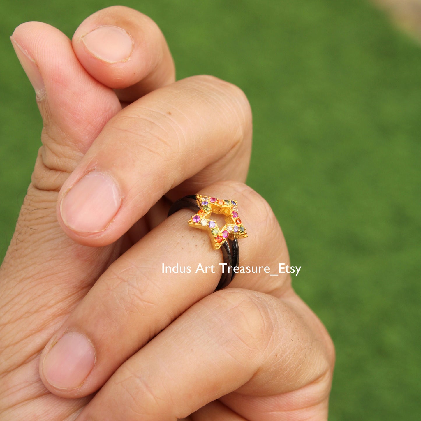 Multi Gemstone Cluster Black Rhodium Plated Star Ring