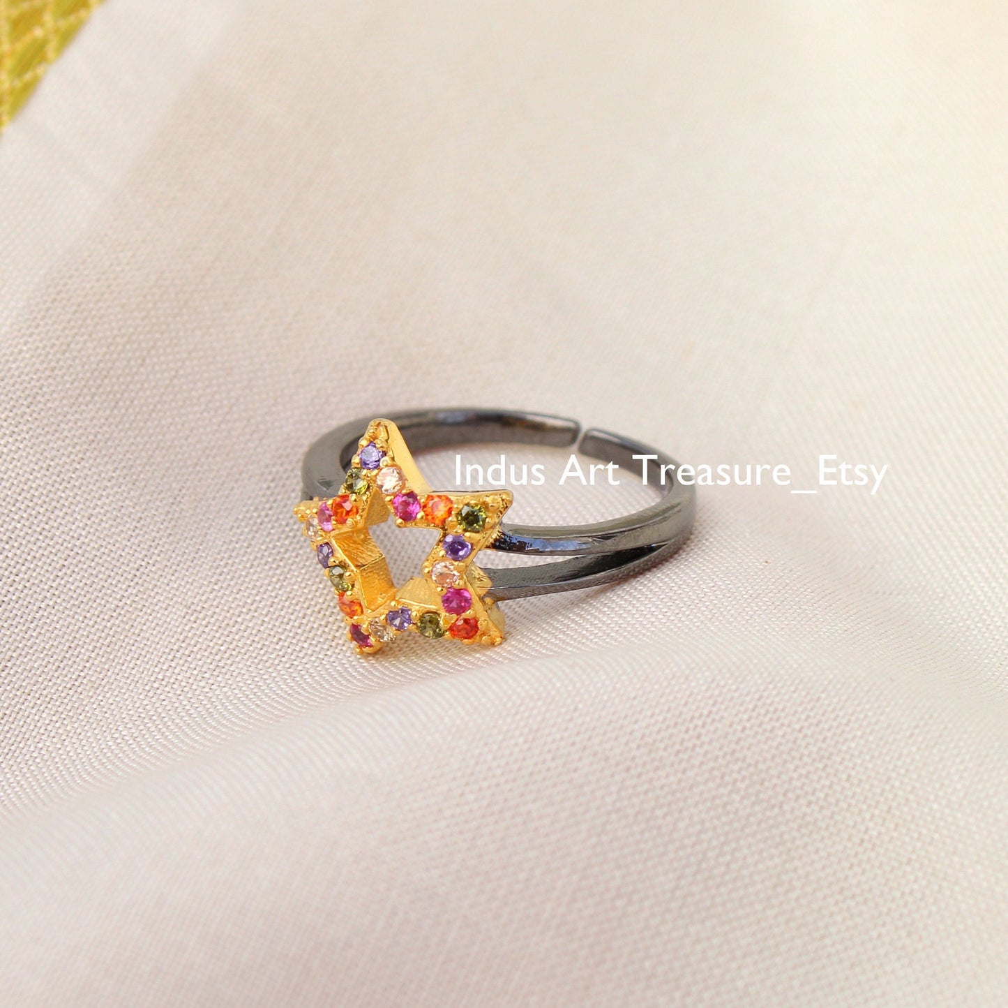 Multi Gemstone Cluster Black Rhodium Plated Star Ring