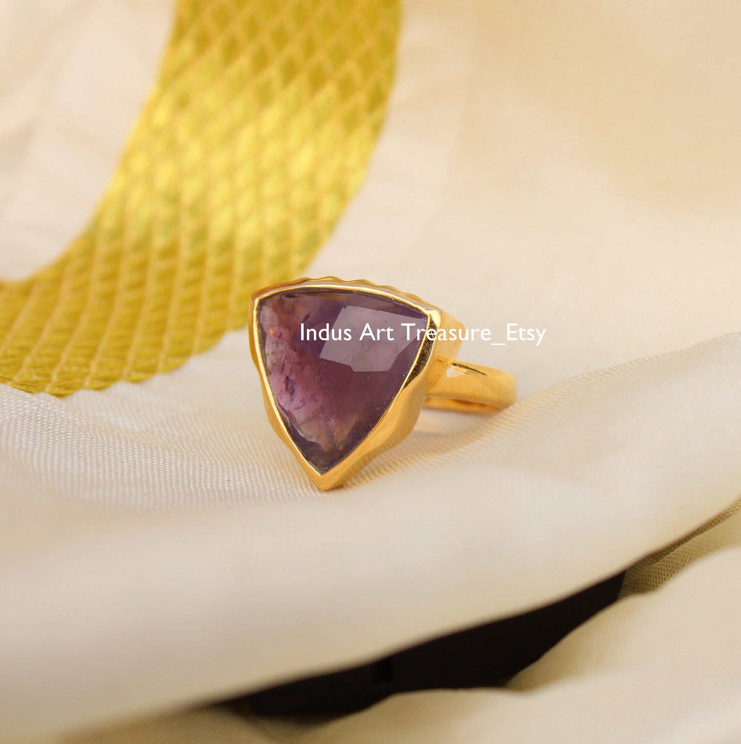 Amethyst Trillion Cut Gold Plated Ring