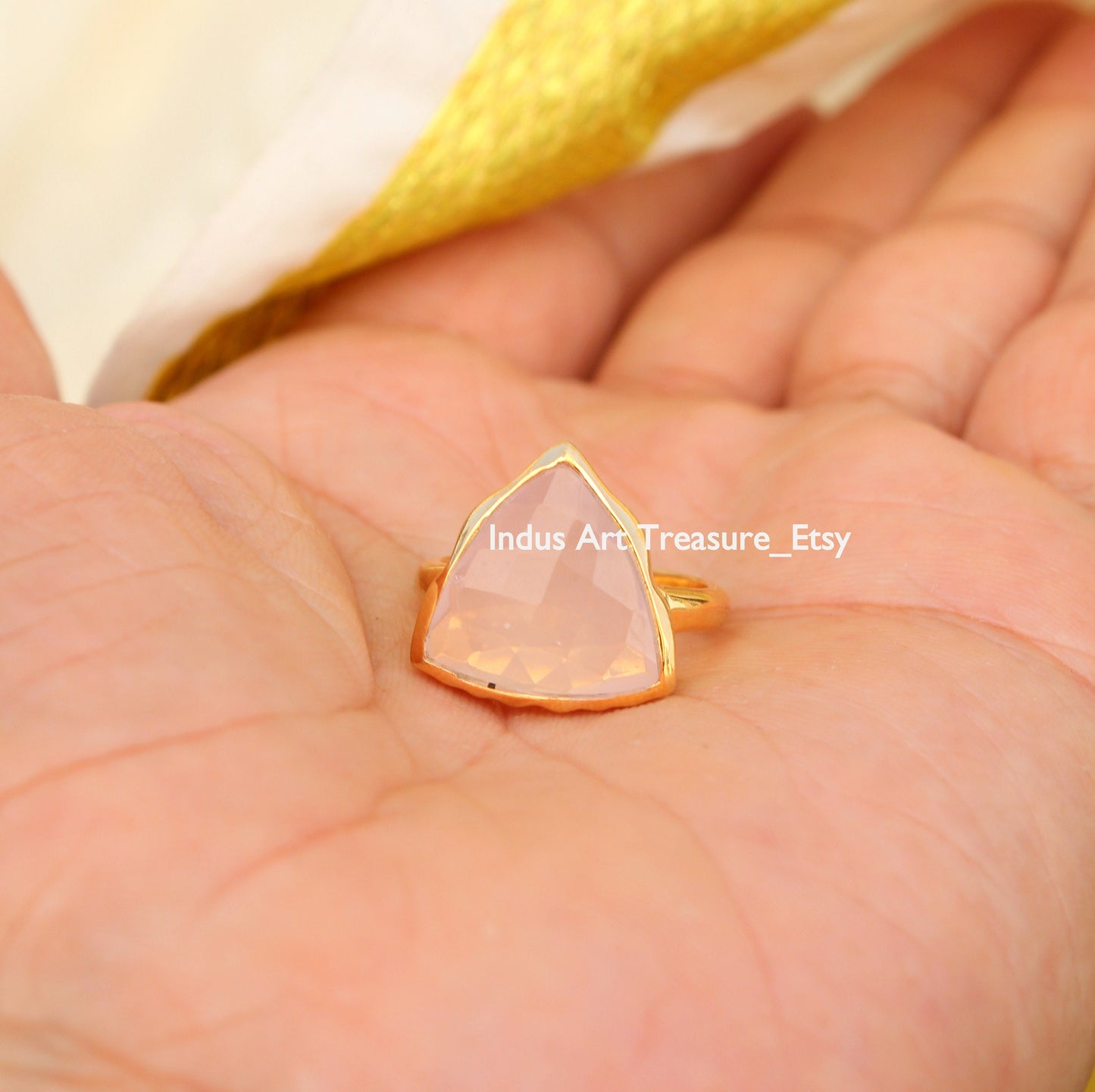 Rose Quartz Triangle Checker Cut 18k Gold Plated Ring