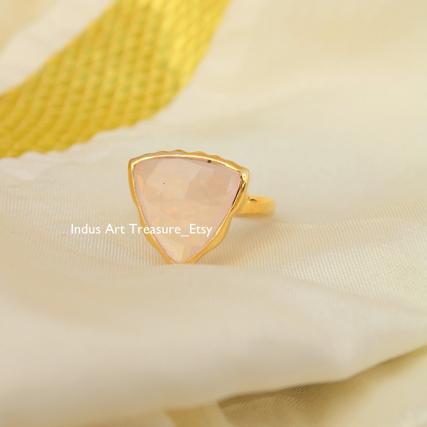 Rose Quartz Triangle Checker Cut 18k Gold Plated Ring