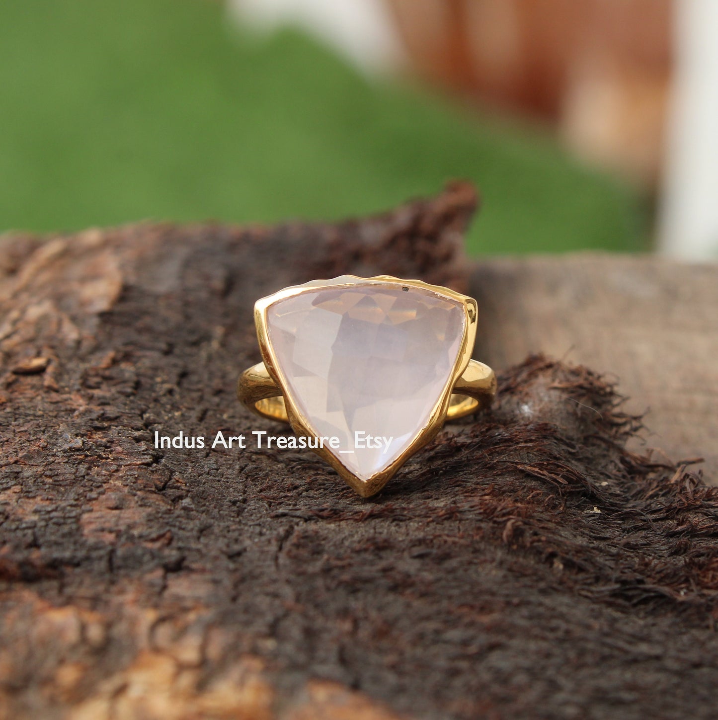 Rose Quartz Triangle Checker Cut 18k Gold Plated Ring