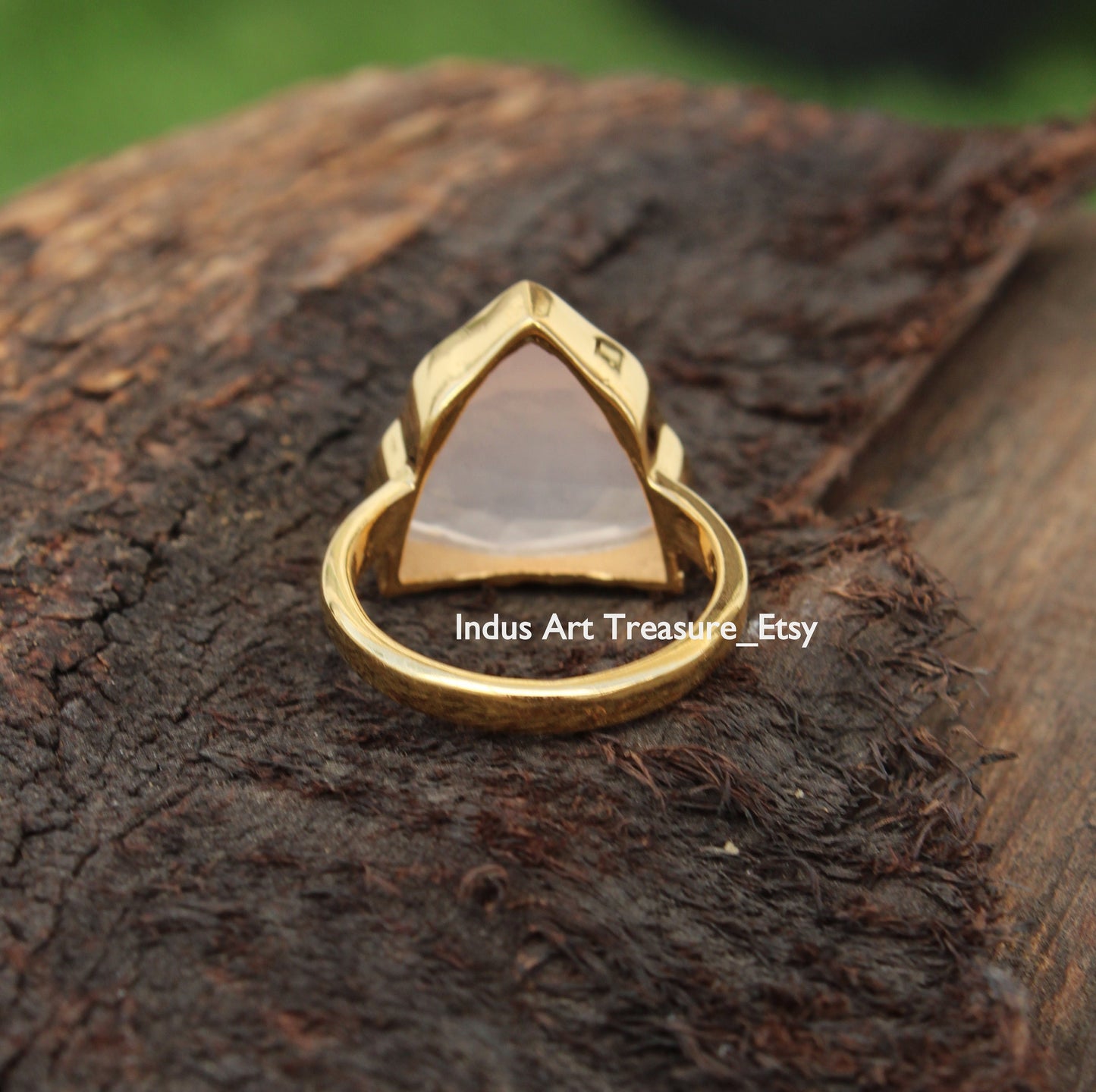 Rose Quartz Triangle Checker Cut 18k Gold Plated Ring