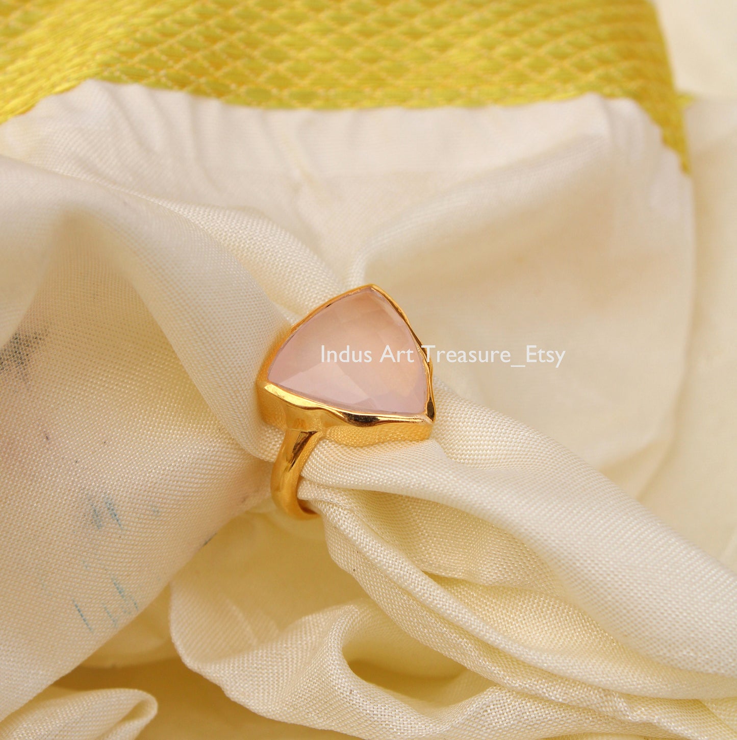 Rose Quartz Triangle Checker Cut 18k Gold Plated Ring