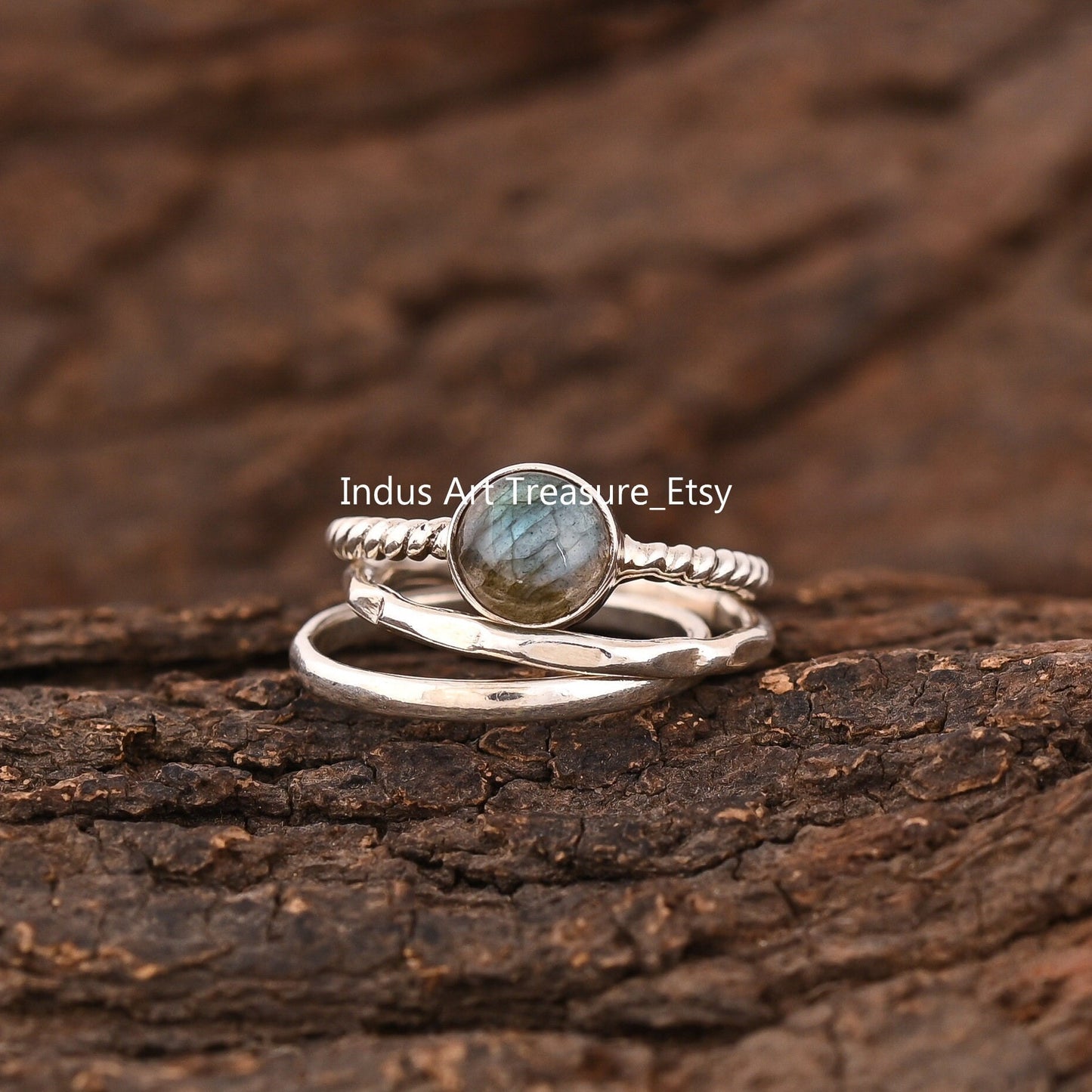 Blue Labradorite Twisted Band Stacking Ring Set