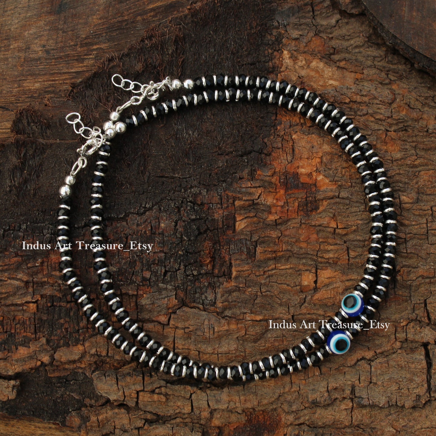 Black Beads Silver Anklets