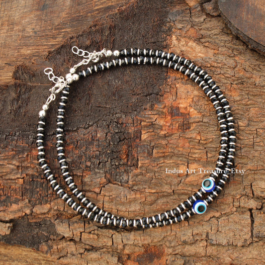 Black Beads Silver Anklets
