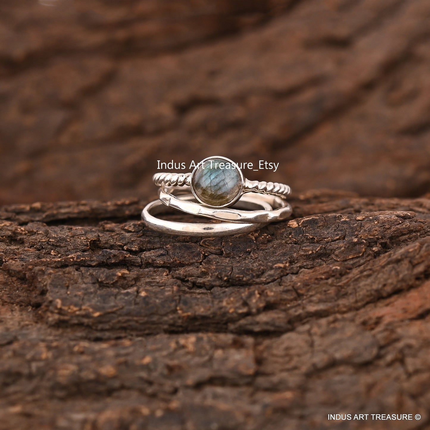 Blue Labradorite Twisted Band Stacking Ring Set