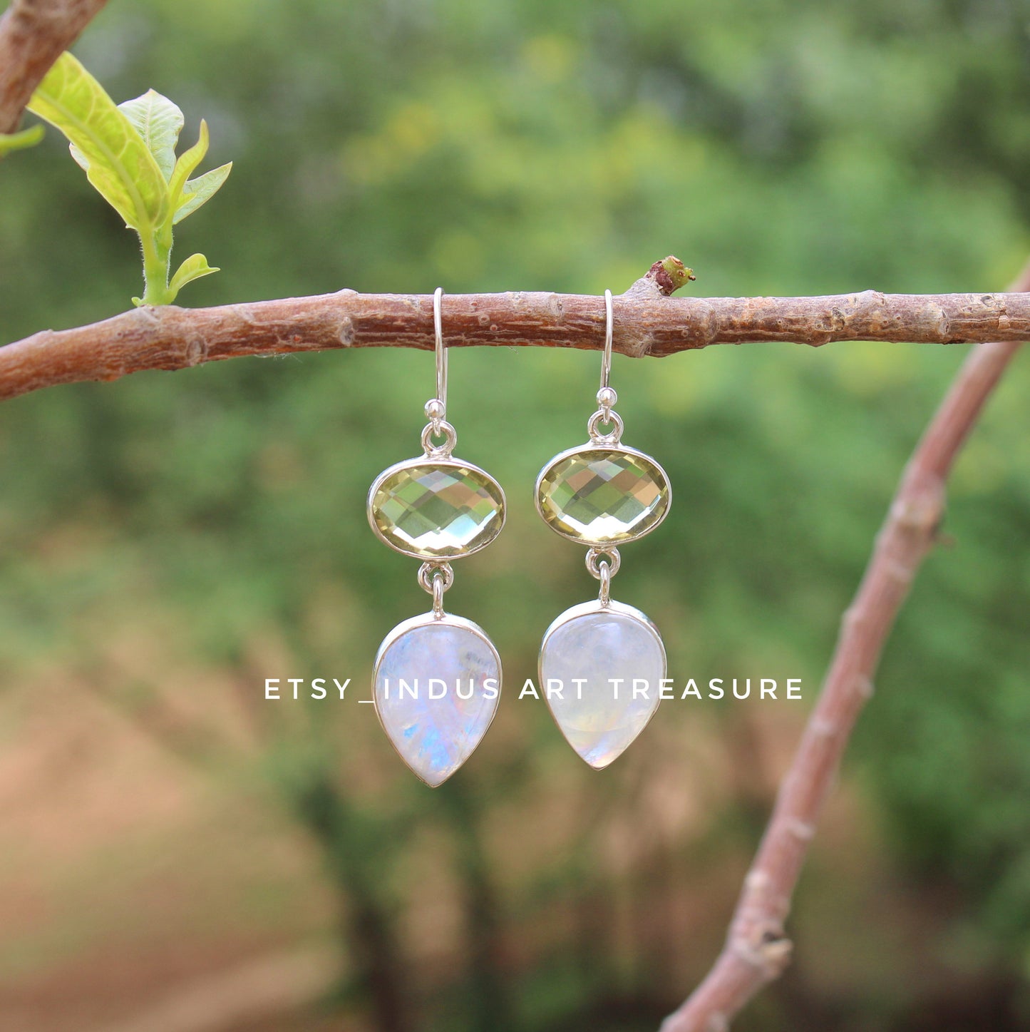Natural Moonstone- Lemon Quartz Dangle Earrings