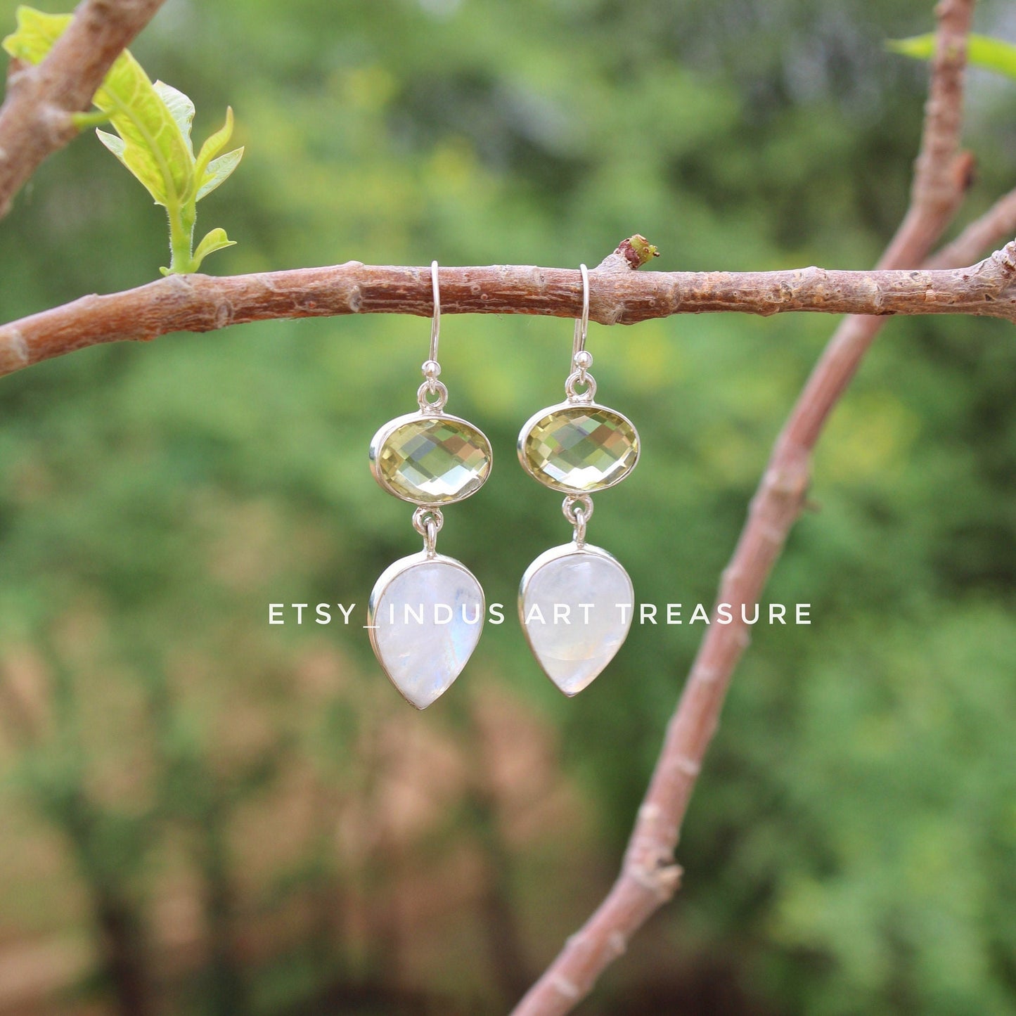 Natural Moonstone- Lemon Quartz Dangle Earrings