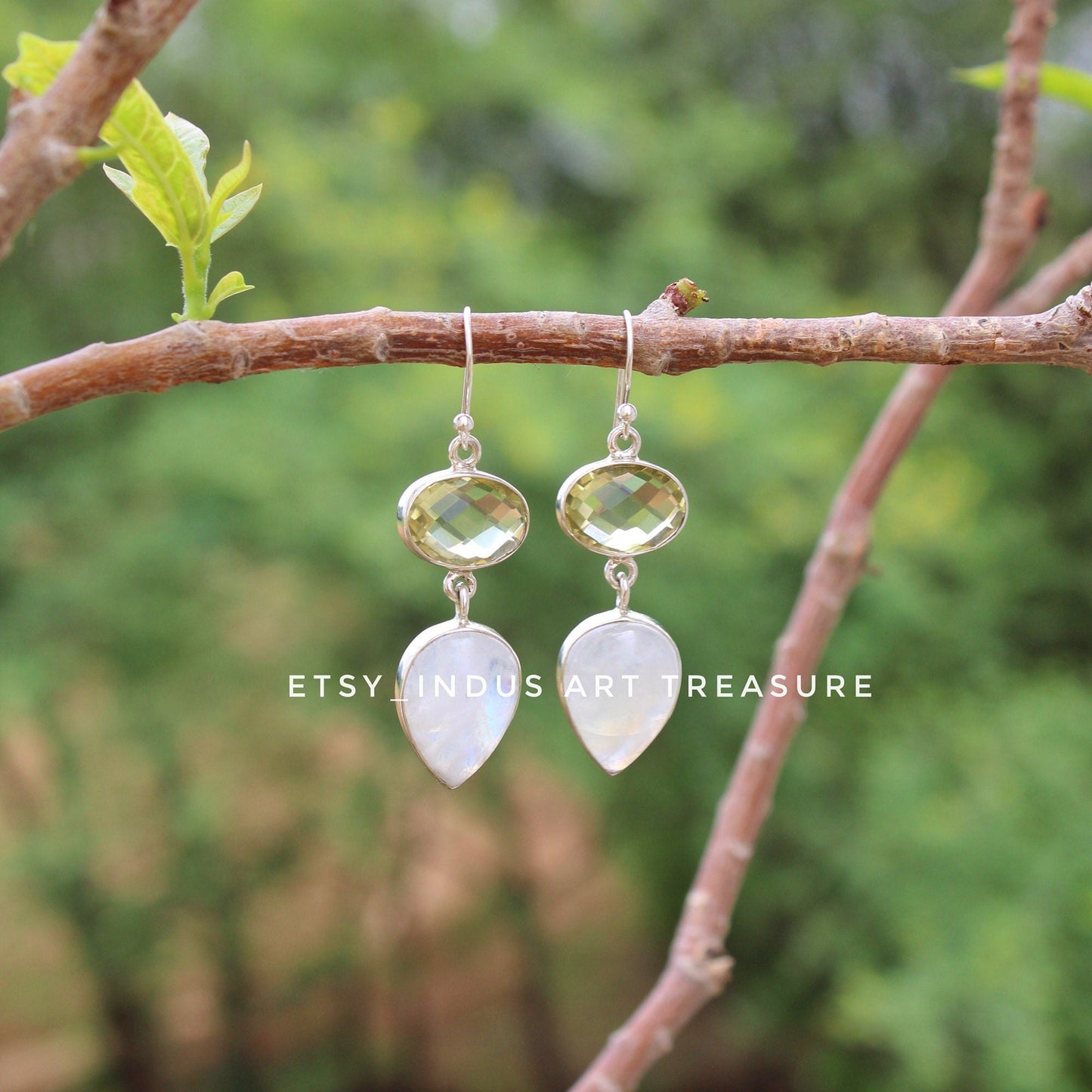 Natural Moonstone- Lemon Quartz Dangle Earrings