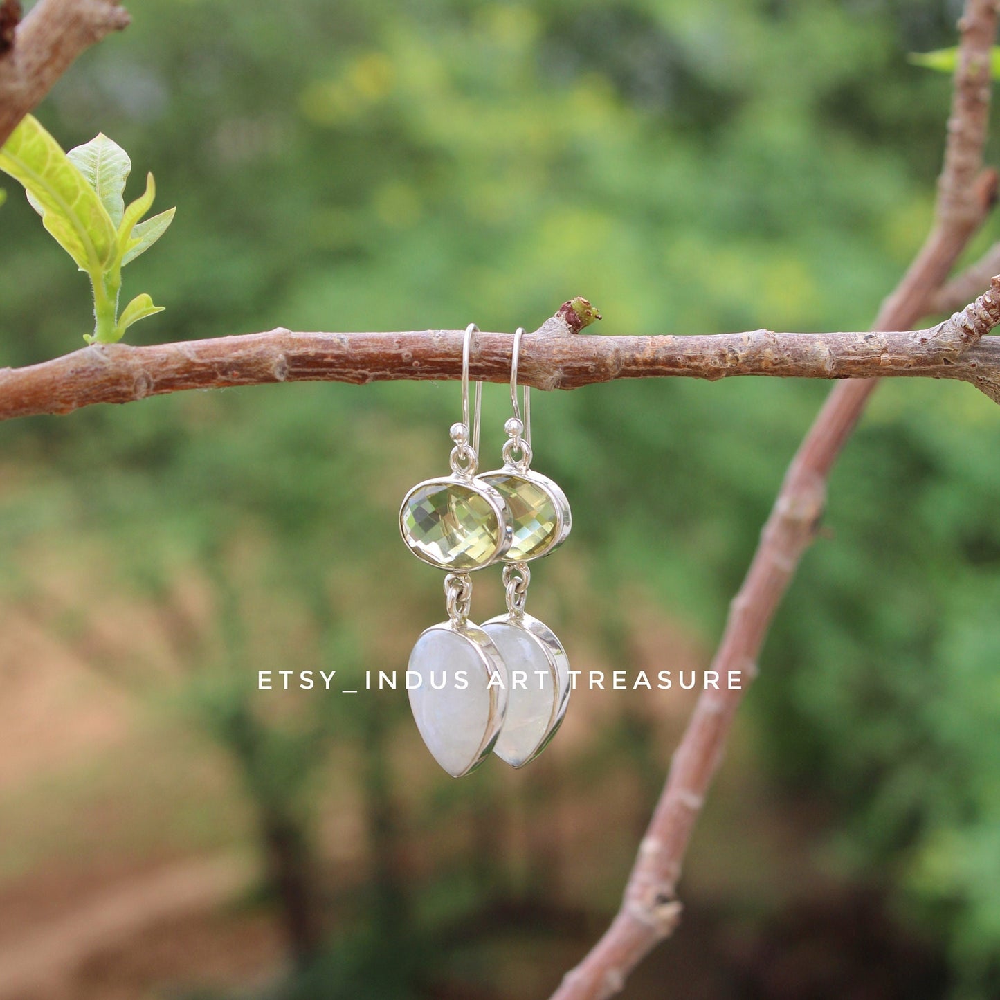 Natural Moonstone- Lemon Quartz Dangle Earrings