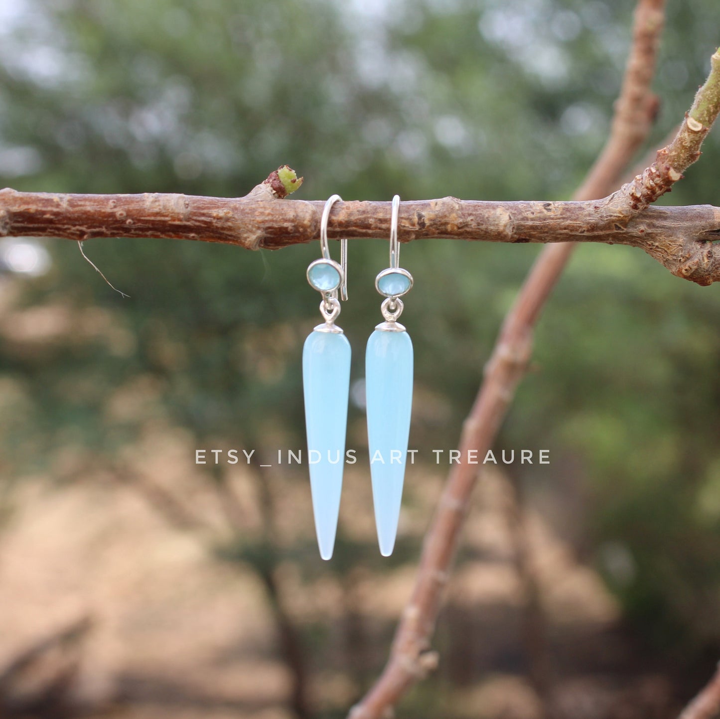 Aqua Chalcedony Long Drop Earrings