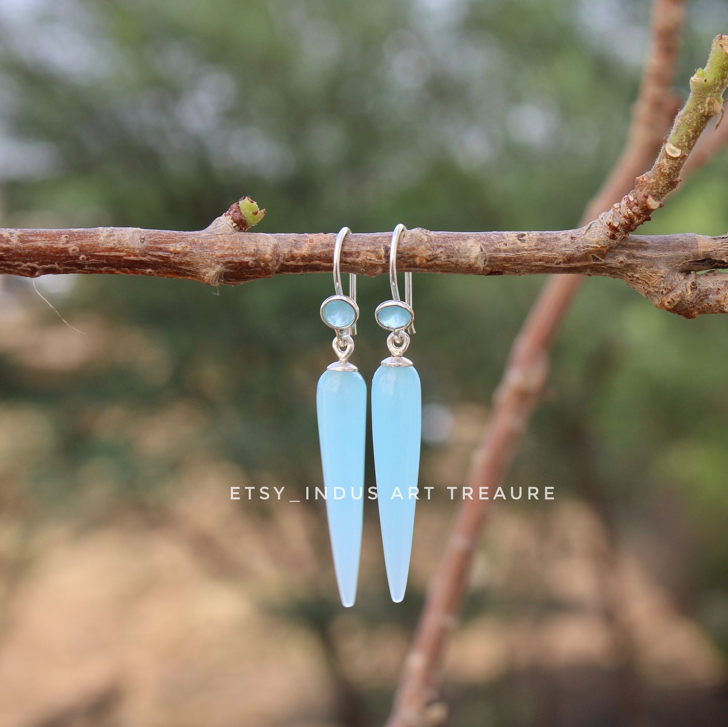 Aqua Chalcedony Long Drop Earrings