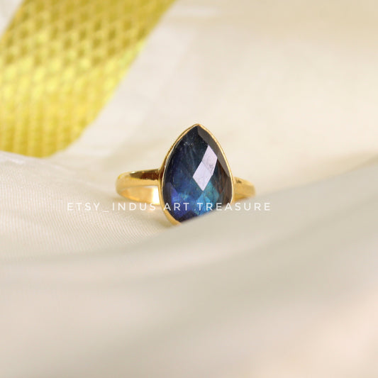 Deep Blue Labradorite Gold Plated Ring
