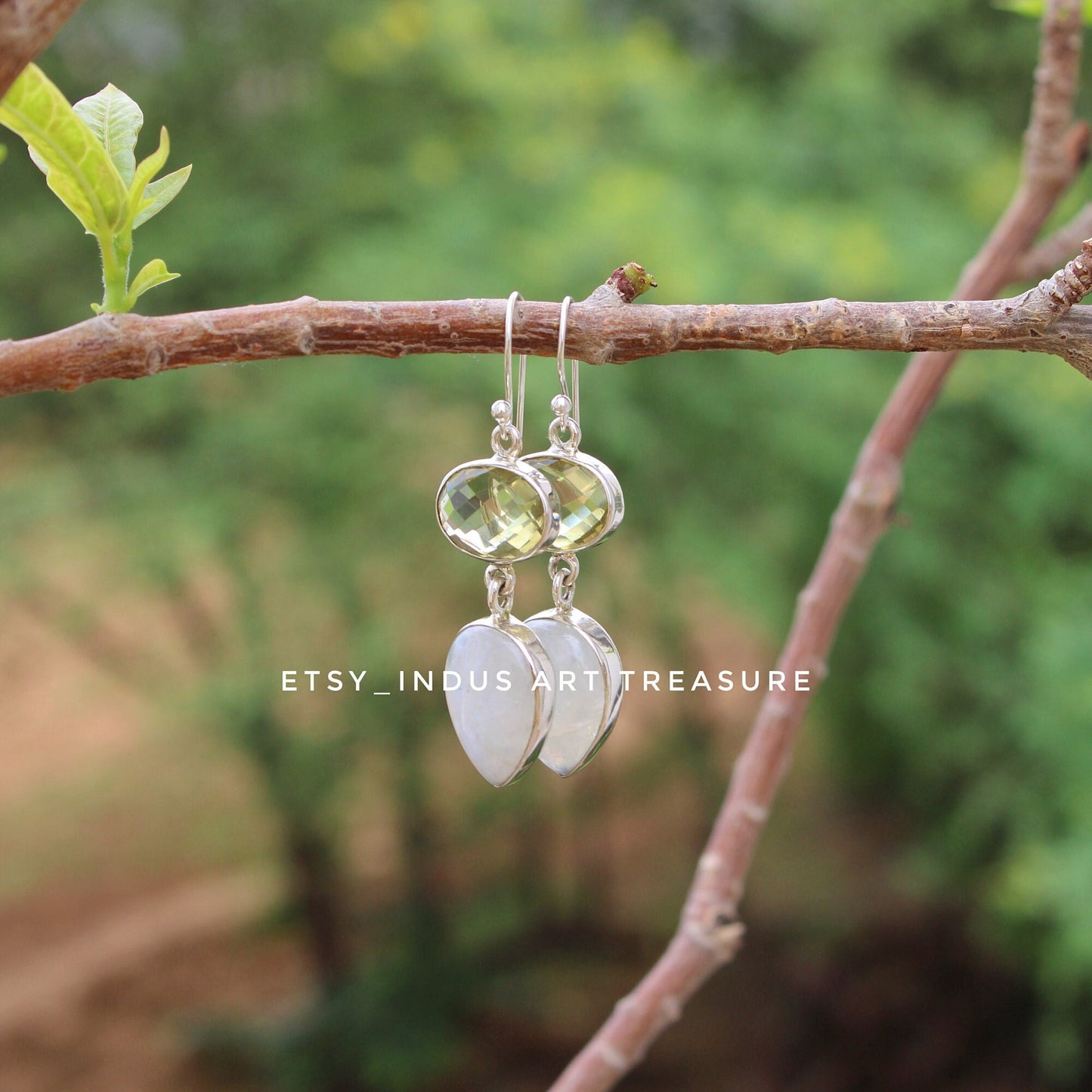 Natural Moonstone- Lemon Quartz Dangle Earrings