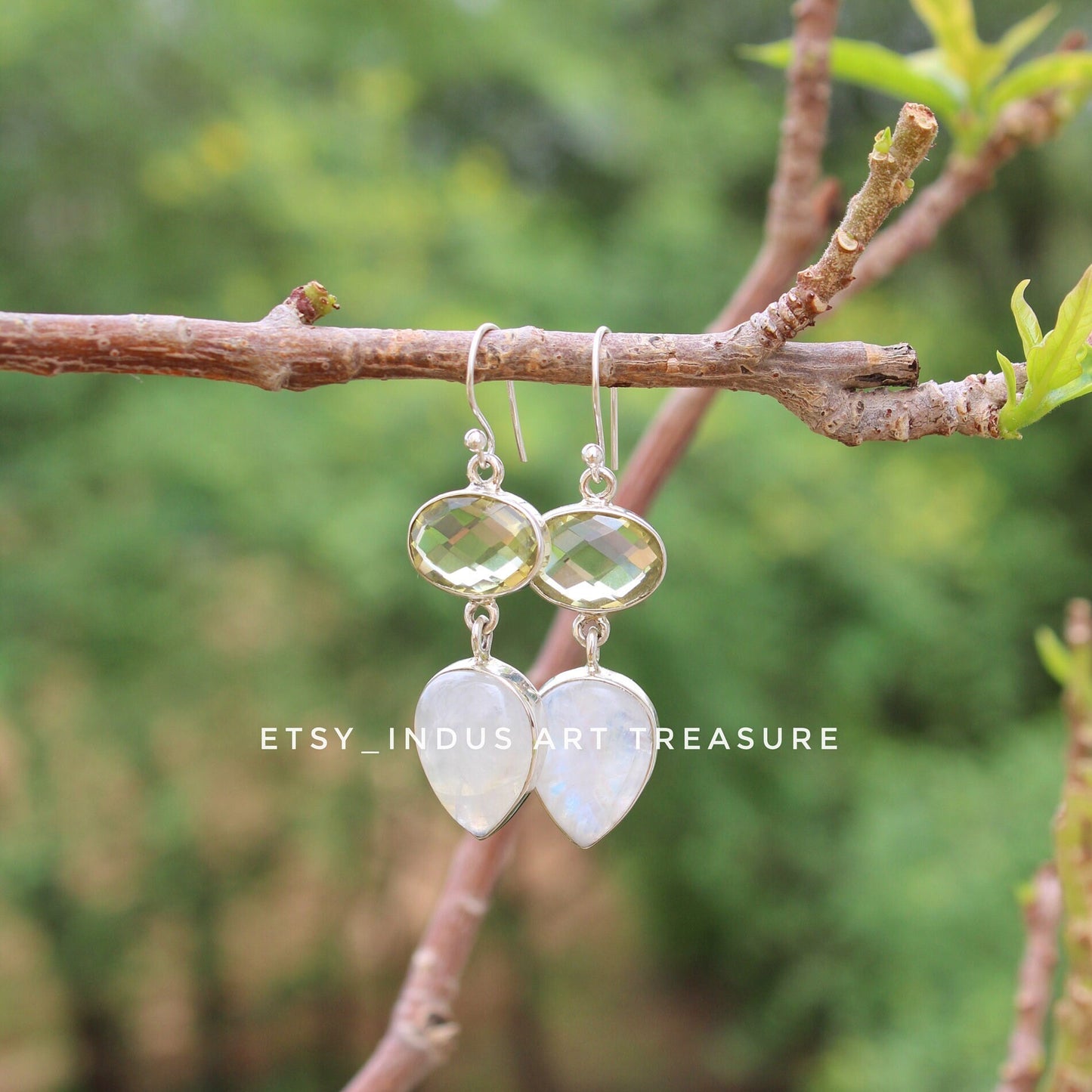 Natural Moonstone- Lemon Quartz Dangle Earrings