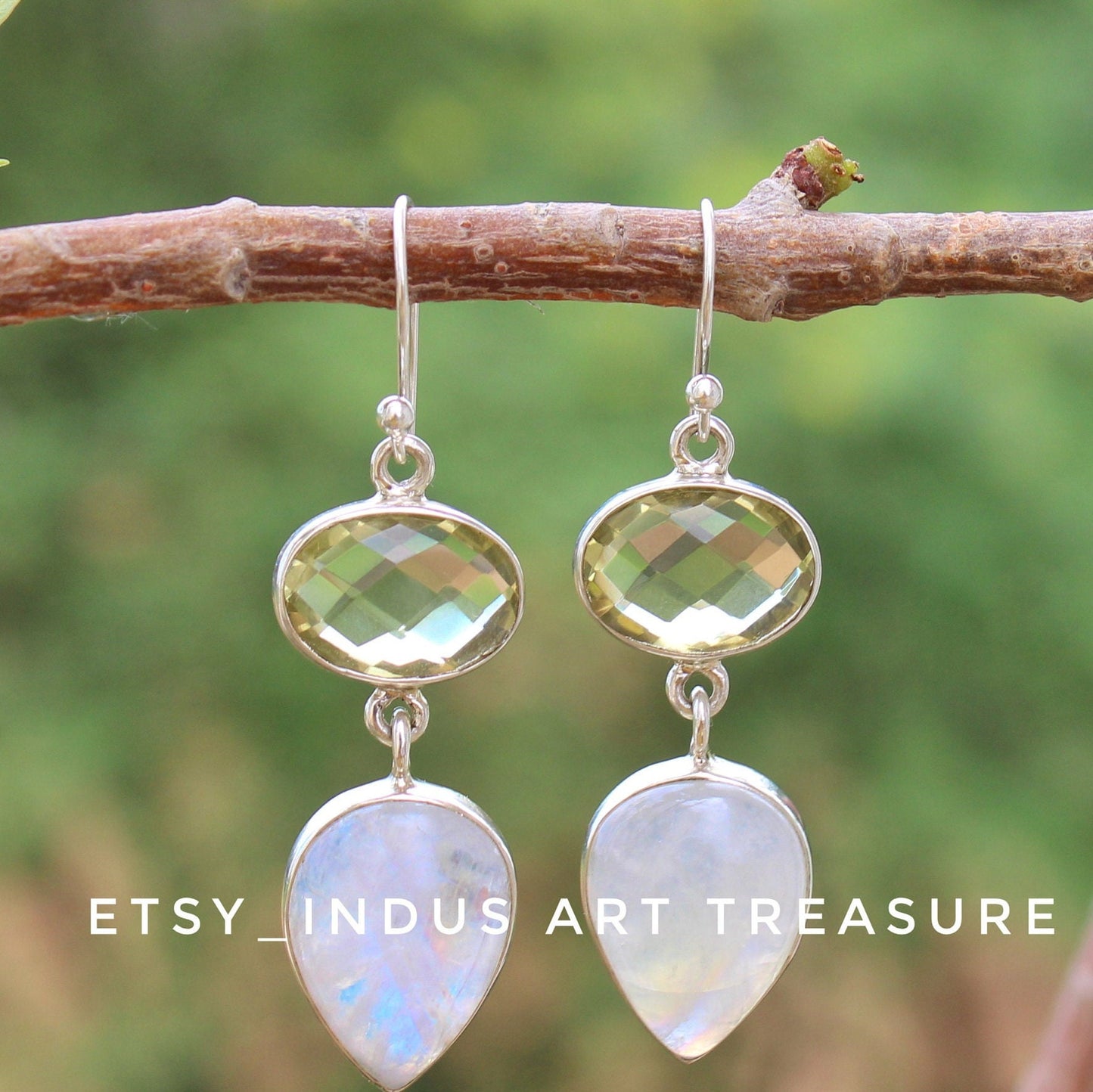 Natural Moonstone- Lemon Quartz Dangle Earrings