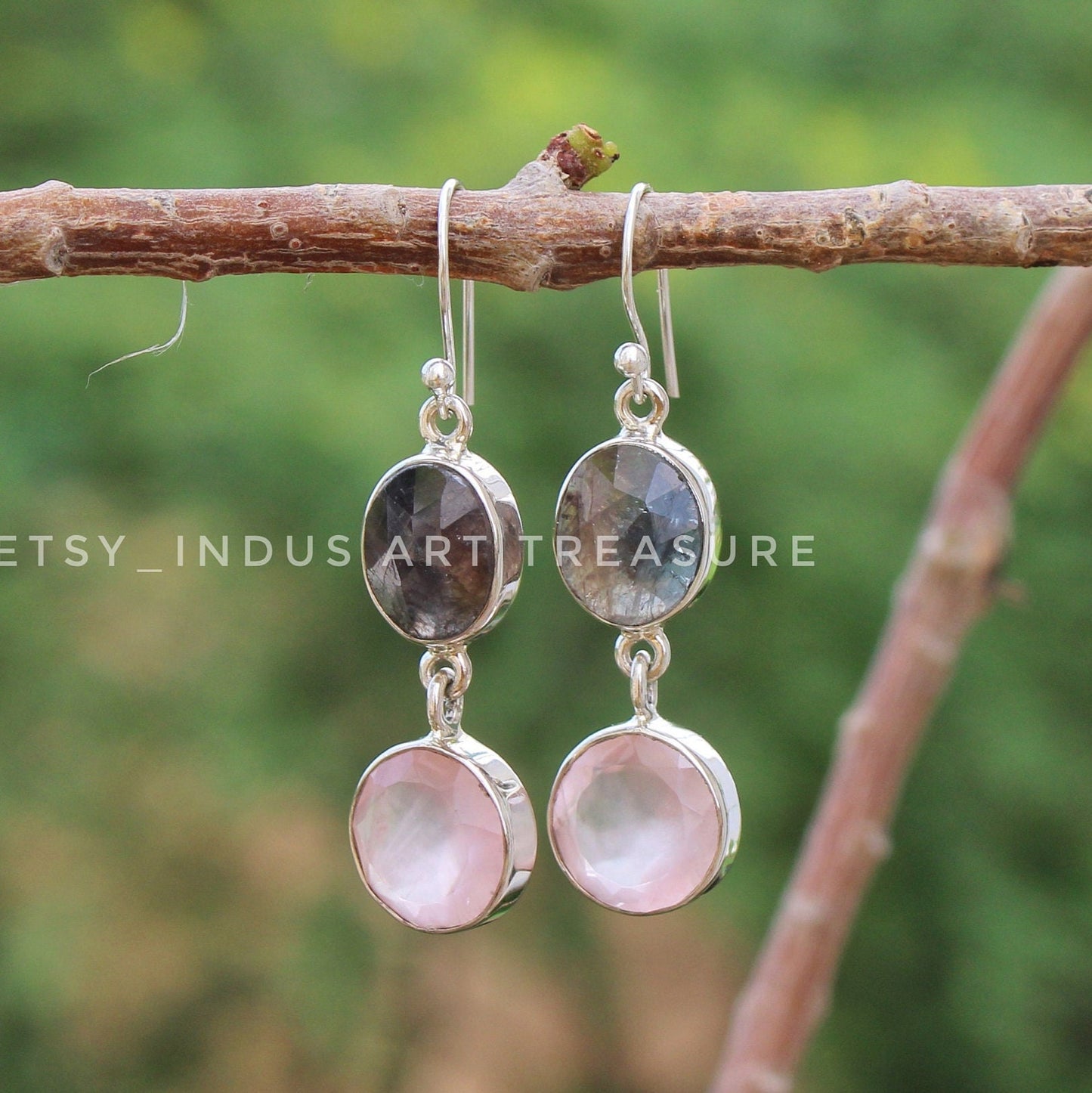 Rose Quartz -Smoky Quartz Dangle Earrings