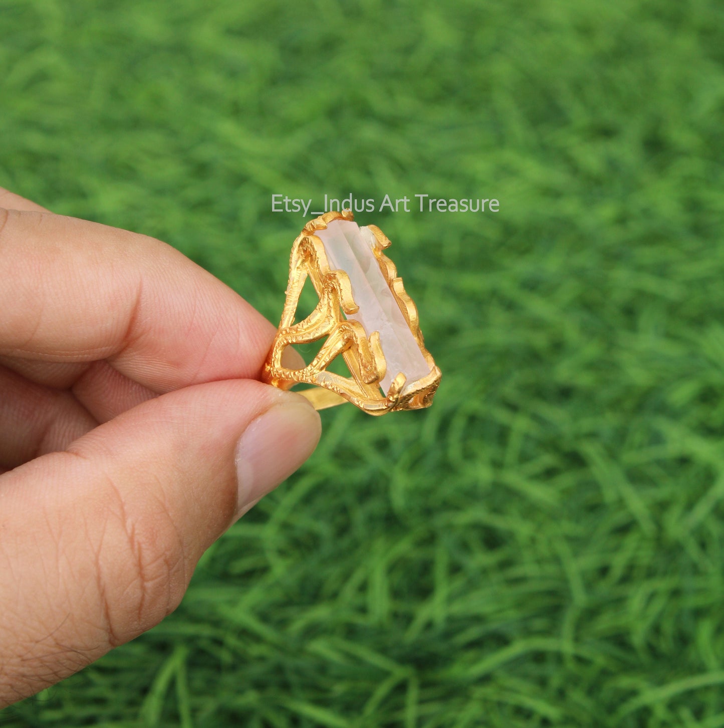 Rose Quartz Floral Embossed 18k Gold Plated Ring