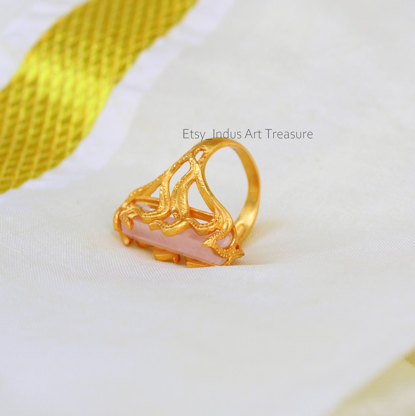 Rose Quartz Floral Embossed 18k Gold Plated Ring