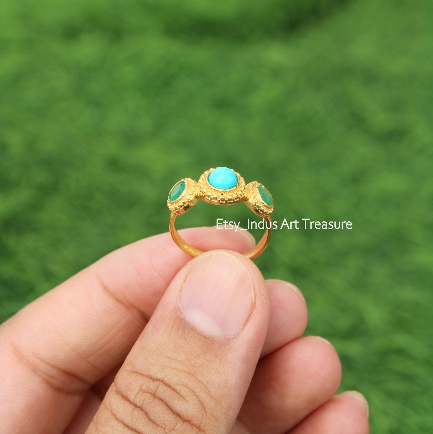 Blue Turquoise and Jade Gold Plated Ring