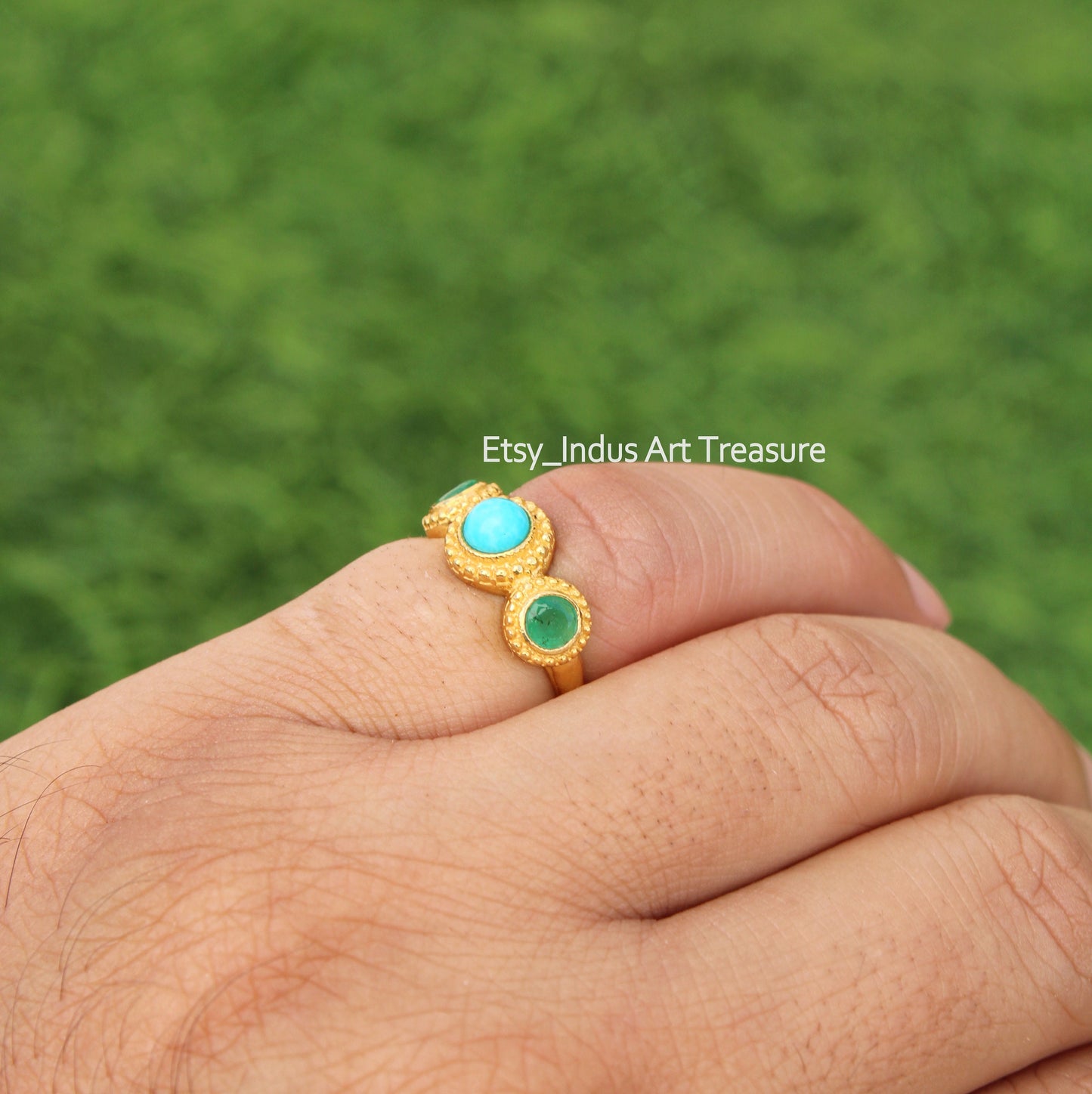 Blue Turquoise and Jade Gold Plated Ring